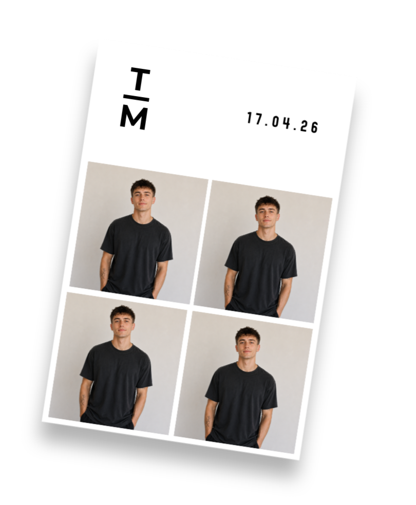 A photo booth printout with four pictures of a young man in a black T-shirt, arranged in a 2x2 grid, with the date 17.04.26 and the text "I/M" at the top, tilted against a black background.
