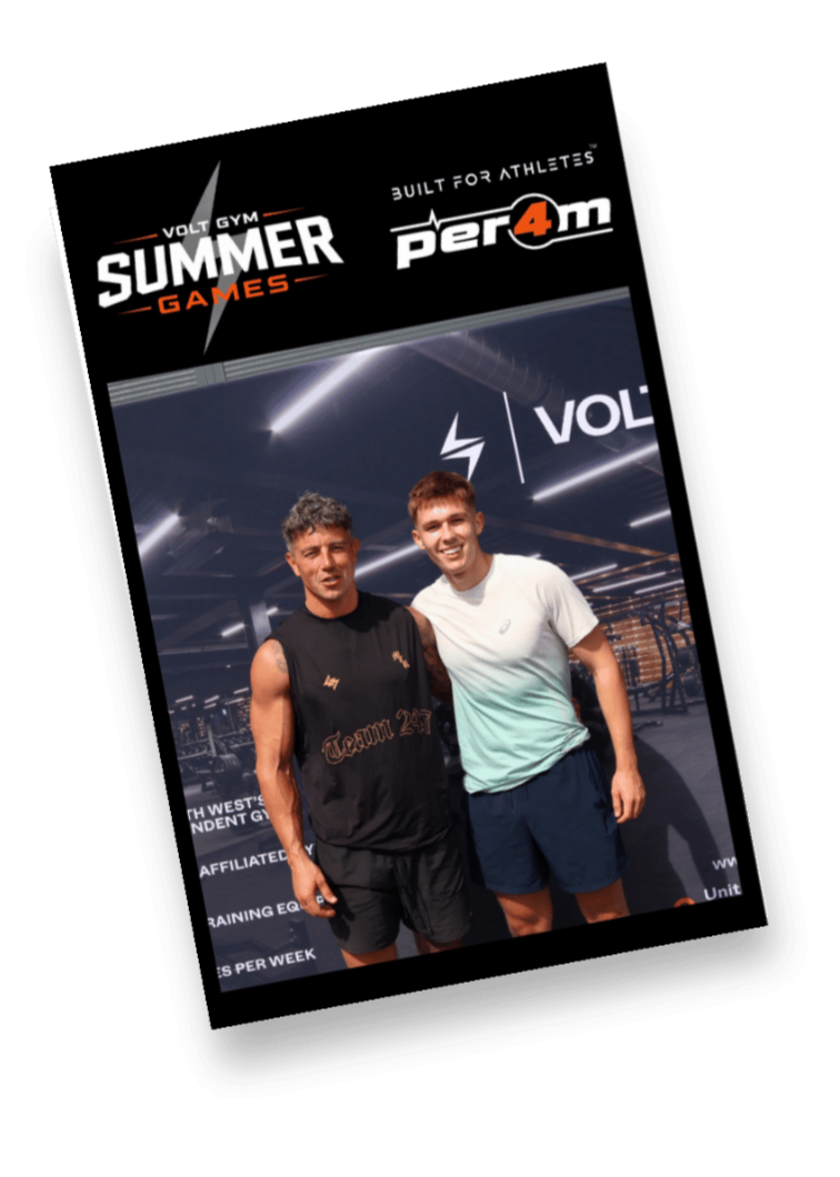Two young men smiling in a gym, with a logo and text for Volt Gym Summer Games and Per4m in the background. Taken by Nook booth Photo Booth.