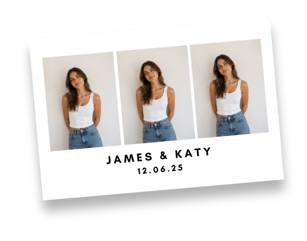 Photoboard featuring three pictures of a woman in a white tank top and jeans, with text reading "James & Katy" and the date "12.06.25". Taken by Nook booth Photo Booth.