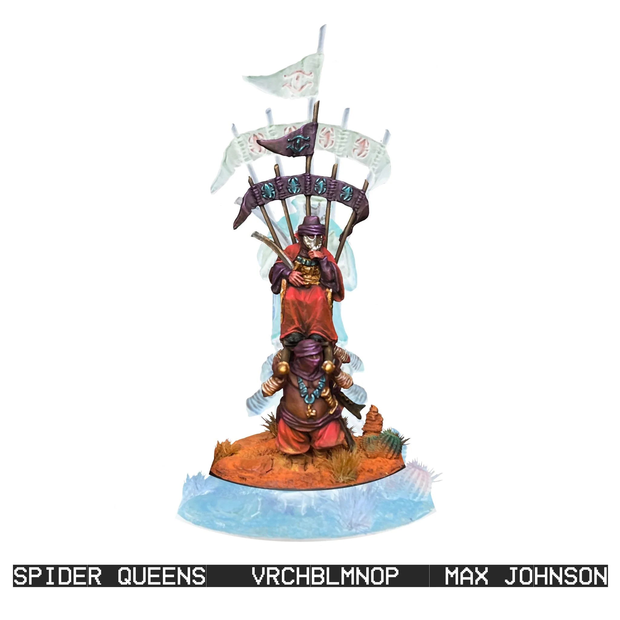 A Middle Earth Battle Strategy game figure named The Golden King of Abraham with text "Spider Queens VRCHBLMNOP Max Johnson" displayed underneath.