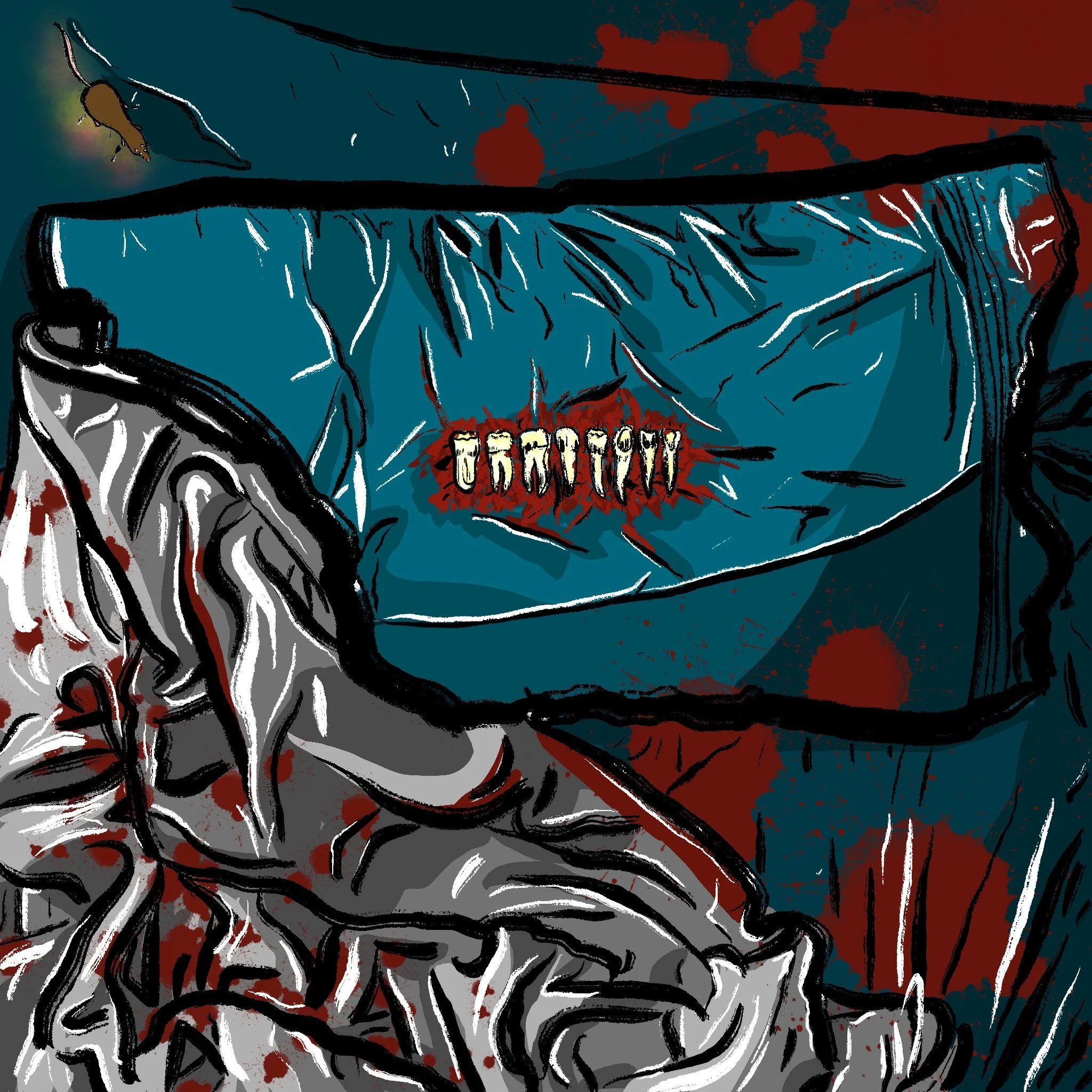 Pulled teeth laying distinctively on a pillow surrounded by blood splatters.