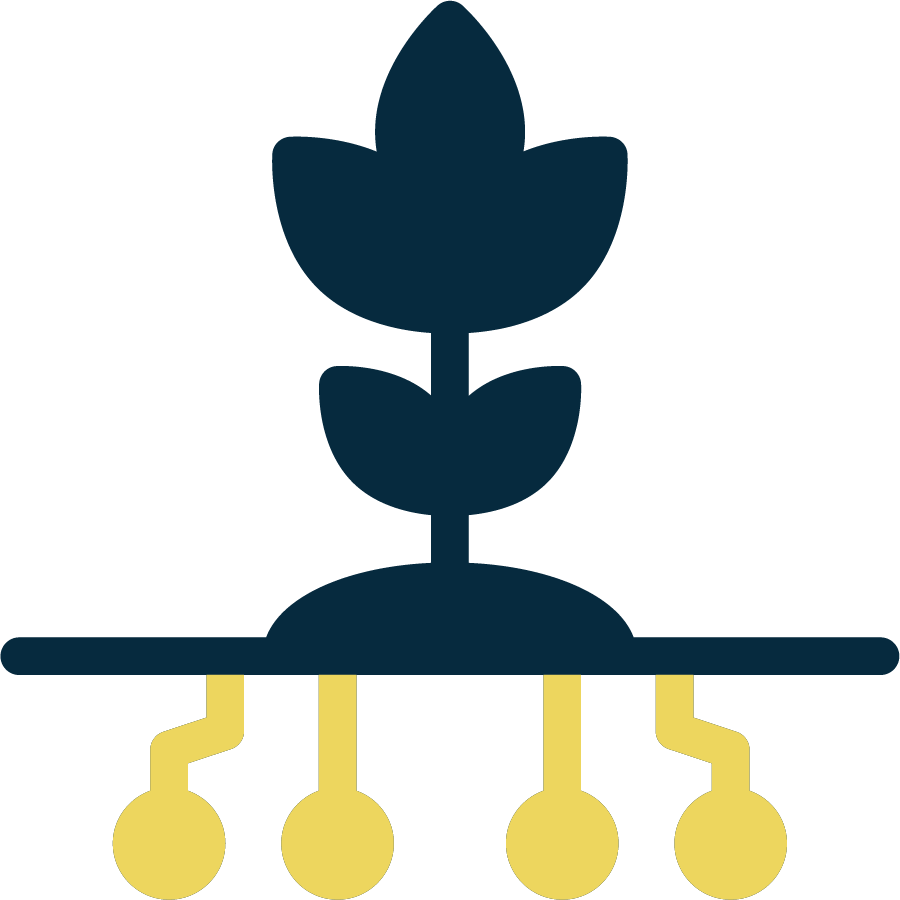 A stylized icon of a plant with two leaves growing from the soil, connected to a computer chip with five yellow lines and circles at the bottom.