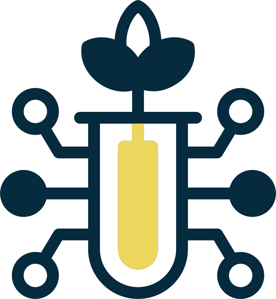 A graphic illustration of a circuit board with a lightbulb at the center and a flower on top.