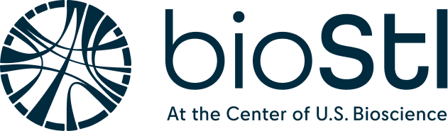 Biotech company logo with a circular abstract DNA strand design and the text 'bioSTL At the Center of U.S. Bioscience'.
