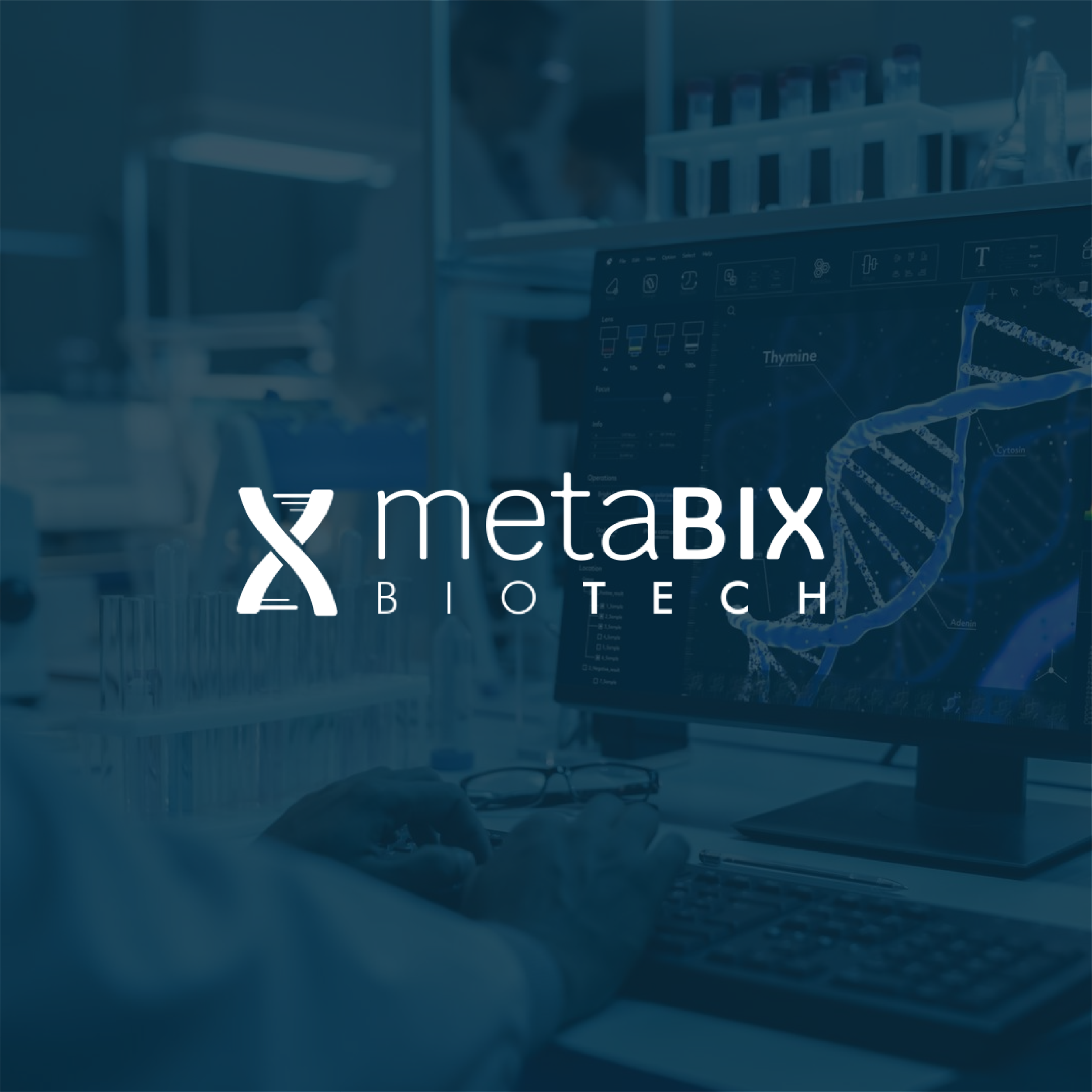 Laboratory equipment and a DNA helix on a screen with the logos of Metaryx Biotech, indicating a biotech or genetic research setting.