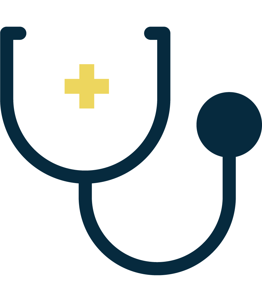 Graphic of a stethoscope with a medical cross in the chest piece, representing healthcare or medical services.