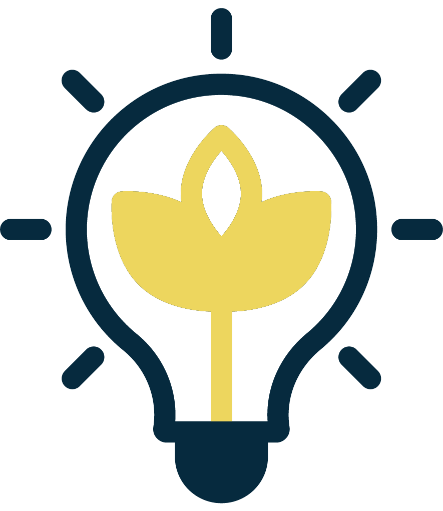 A graphic of a light bulb with a plant inside, symbolizing ideas and growth.