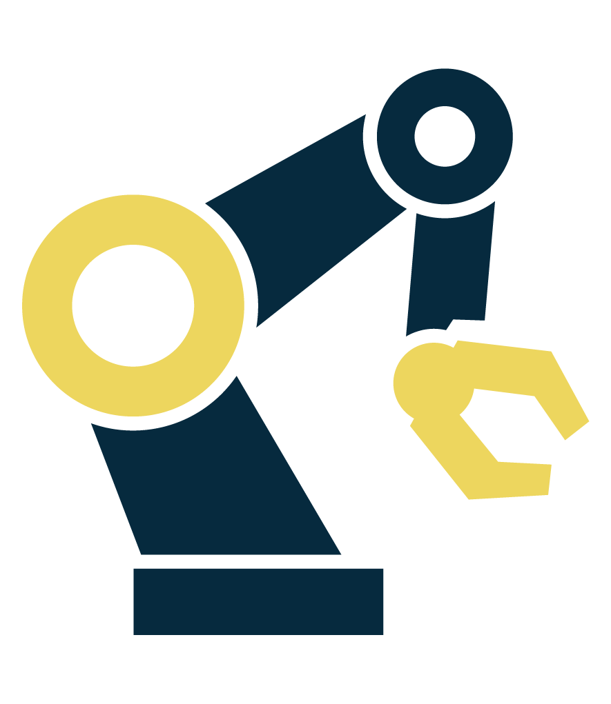 Graphic illustration of a robot arm with a claw, featuring yellow and dark blue components.