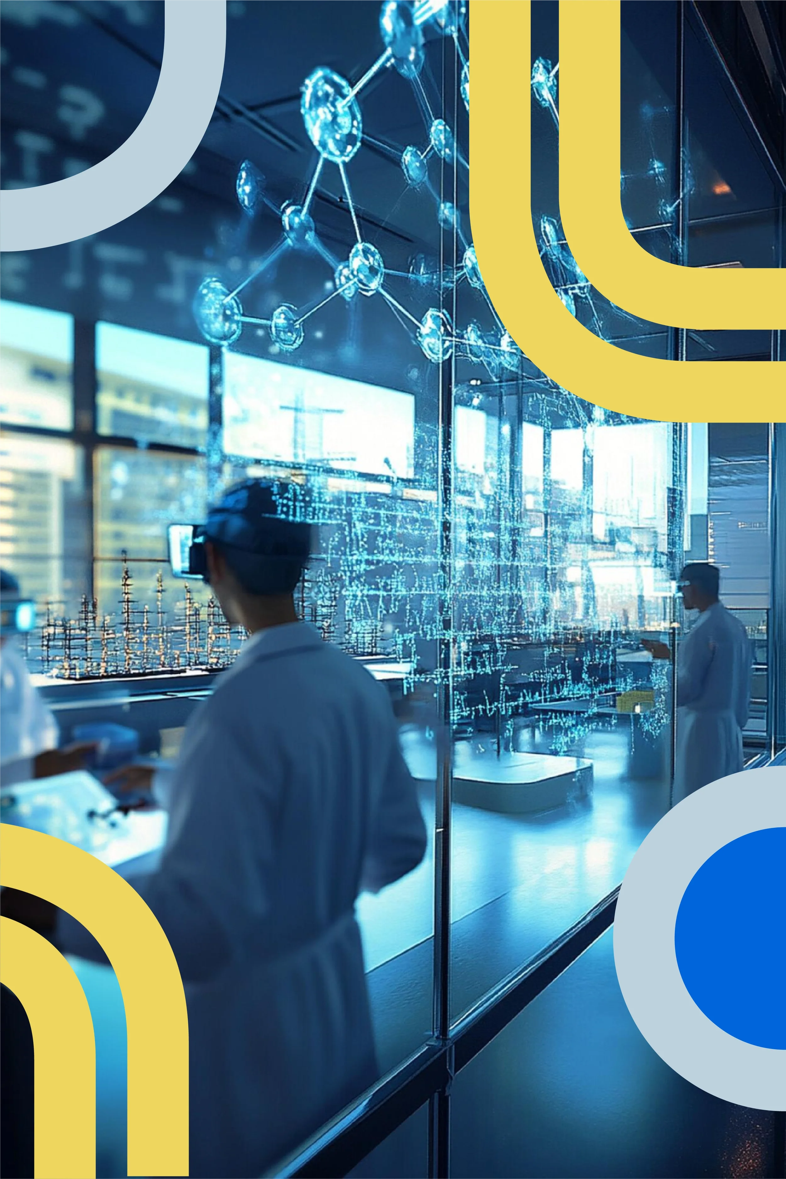 Scientists in lab coats working with high-tech digital displays showing molecular structures inside a modern laboratory.