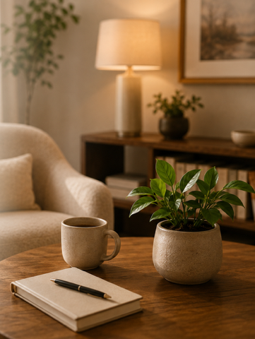A cozy living room with a wooden coffee table, a beige armchair, a table lamp, a framed picture on the wall, and a potted plant. On the table, there is a notebook, a pen, a ceramic mug, and a small potted plant.