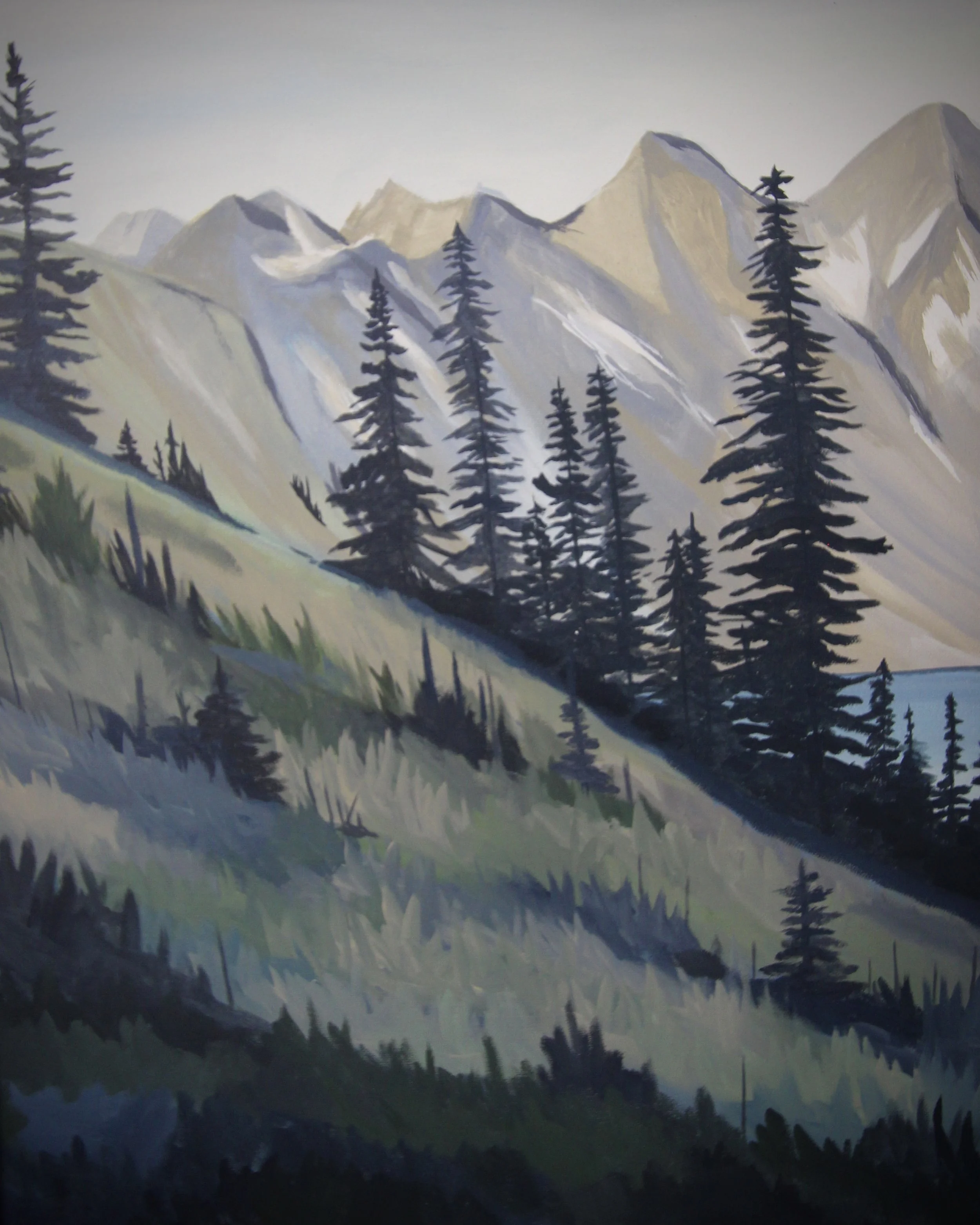 A painting of a mountain landscape with snow-capped peaks, evergreen trees, and a hilly foreground.