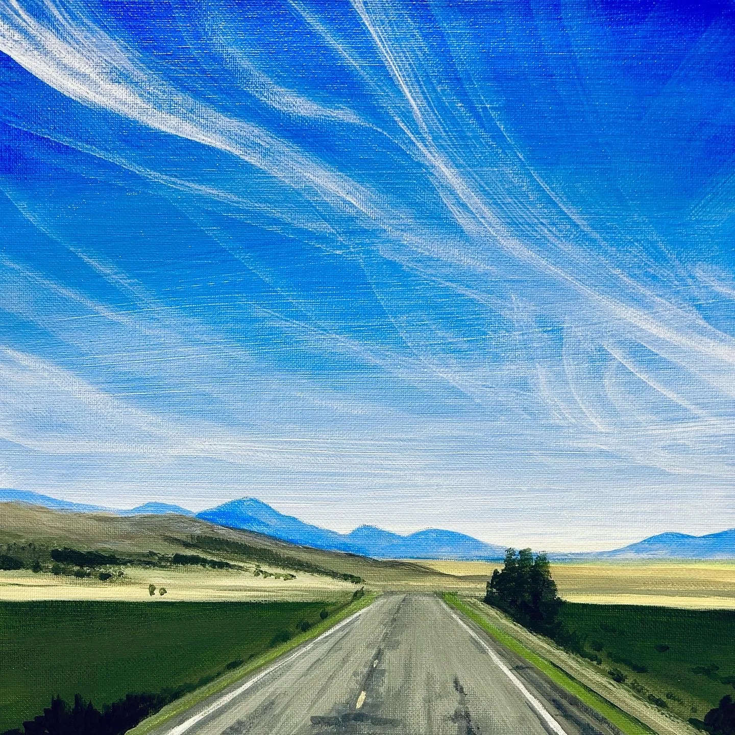 Painting of a scenic mountain landscape with a wide open road leading through green fields. The sky is blue with streaks of white clouds, and distant mountains are visible on the horizon.