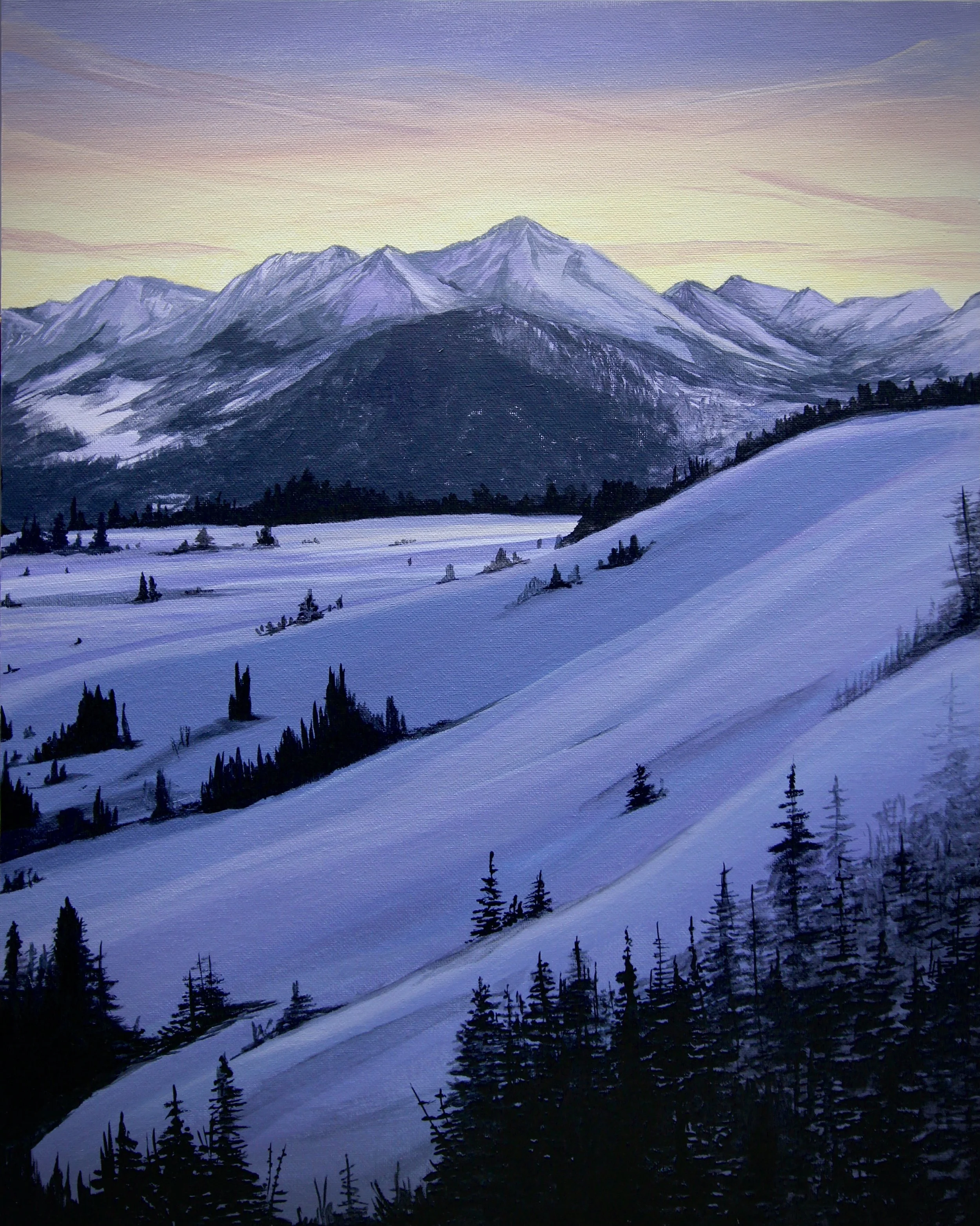 A painting of snow-covered mountains at sunrise with a clear sky and a foreground of dark evergreen trees and snow-covered fields.