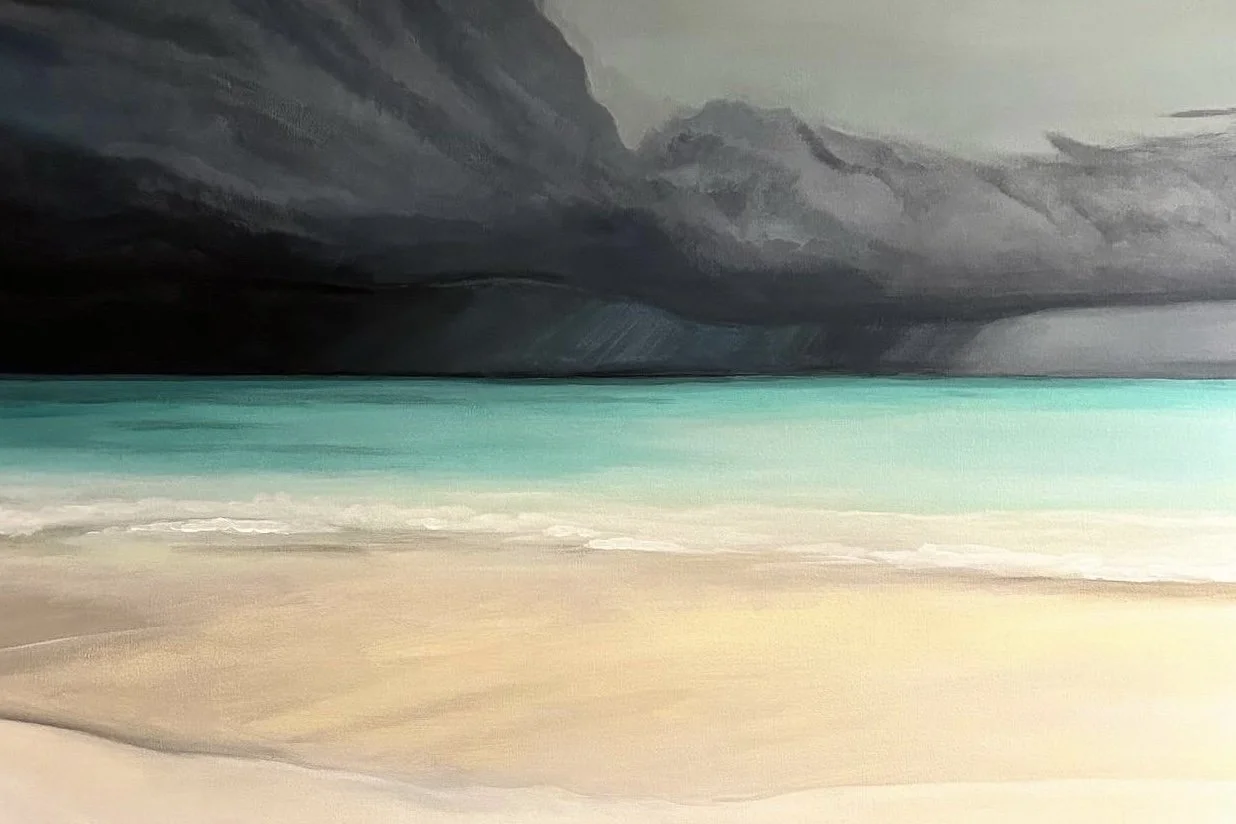 Painting of a stormy sky over a beach with turbulent dark clouds and teal ocean waves.