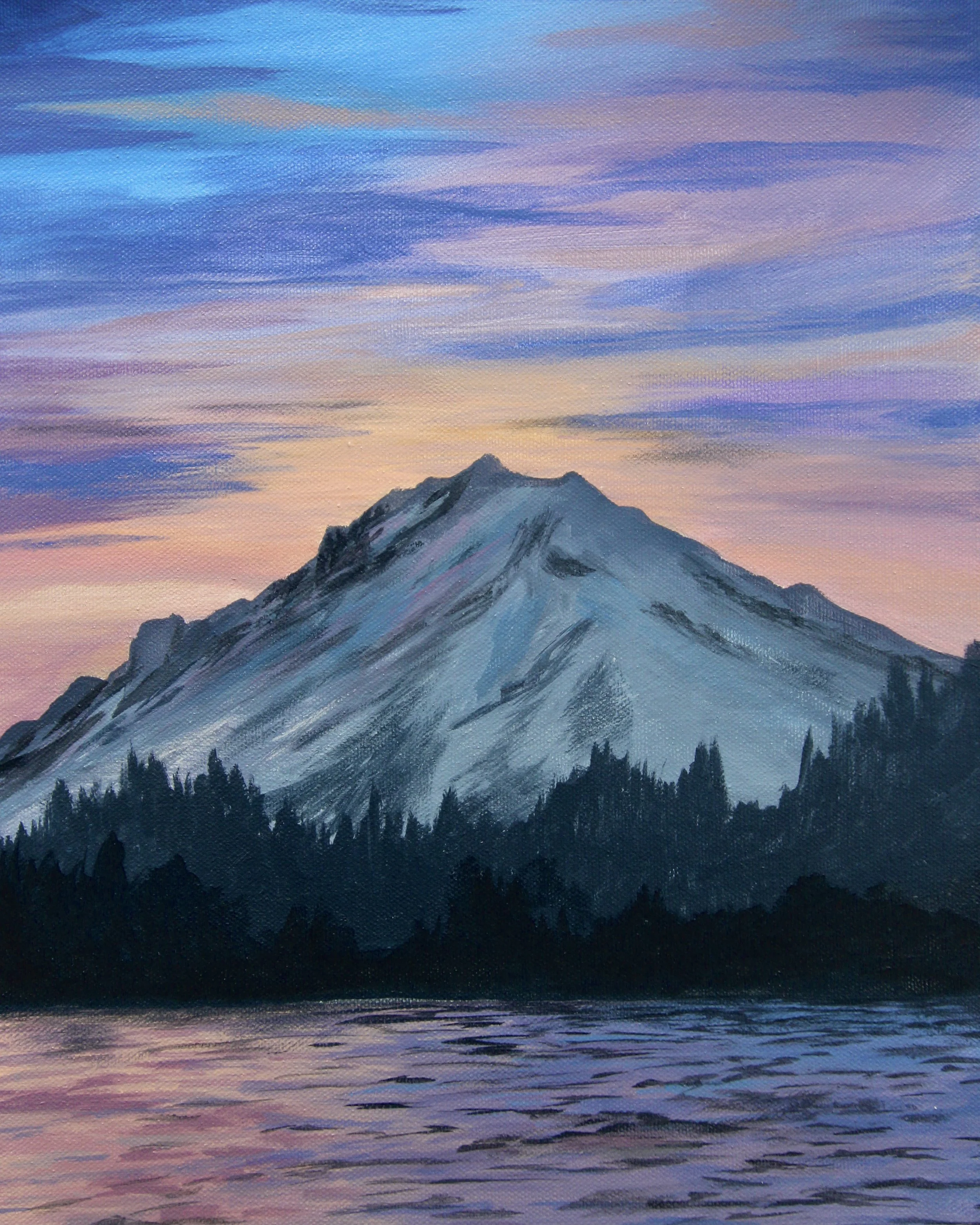 Painting of a mountain landscape at dusk with a mountain peak in the center, a colorful sky with shades of blue, purple, pink, and orange, and a body of water reflecting the sky in the foreground.
