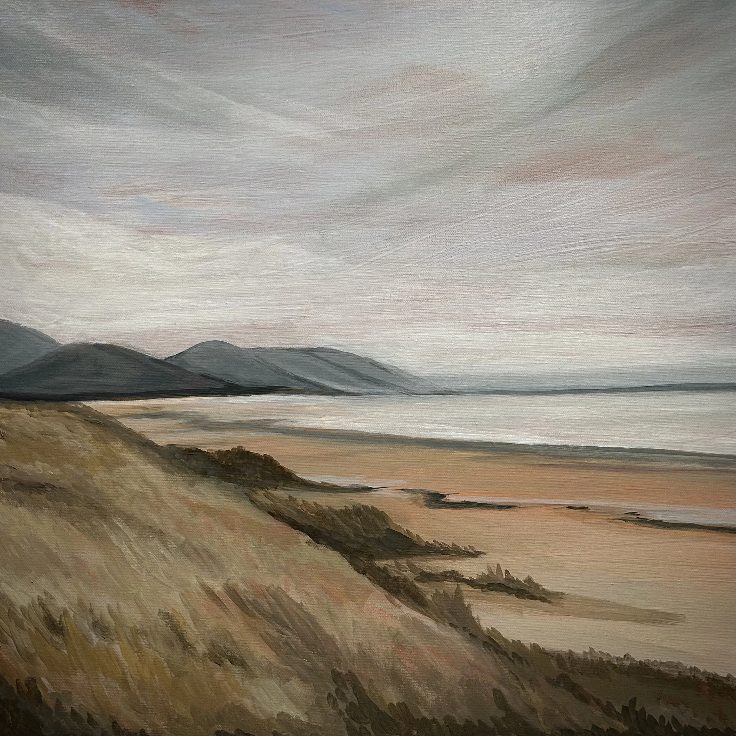 A landscape painting depicting mountains, a wide sky with a soft, colorful sunset or sunrise, and rolling hills or plains in the foreground.