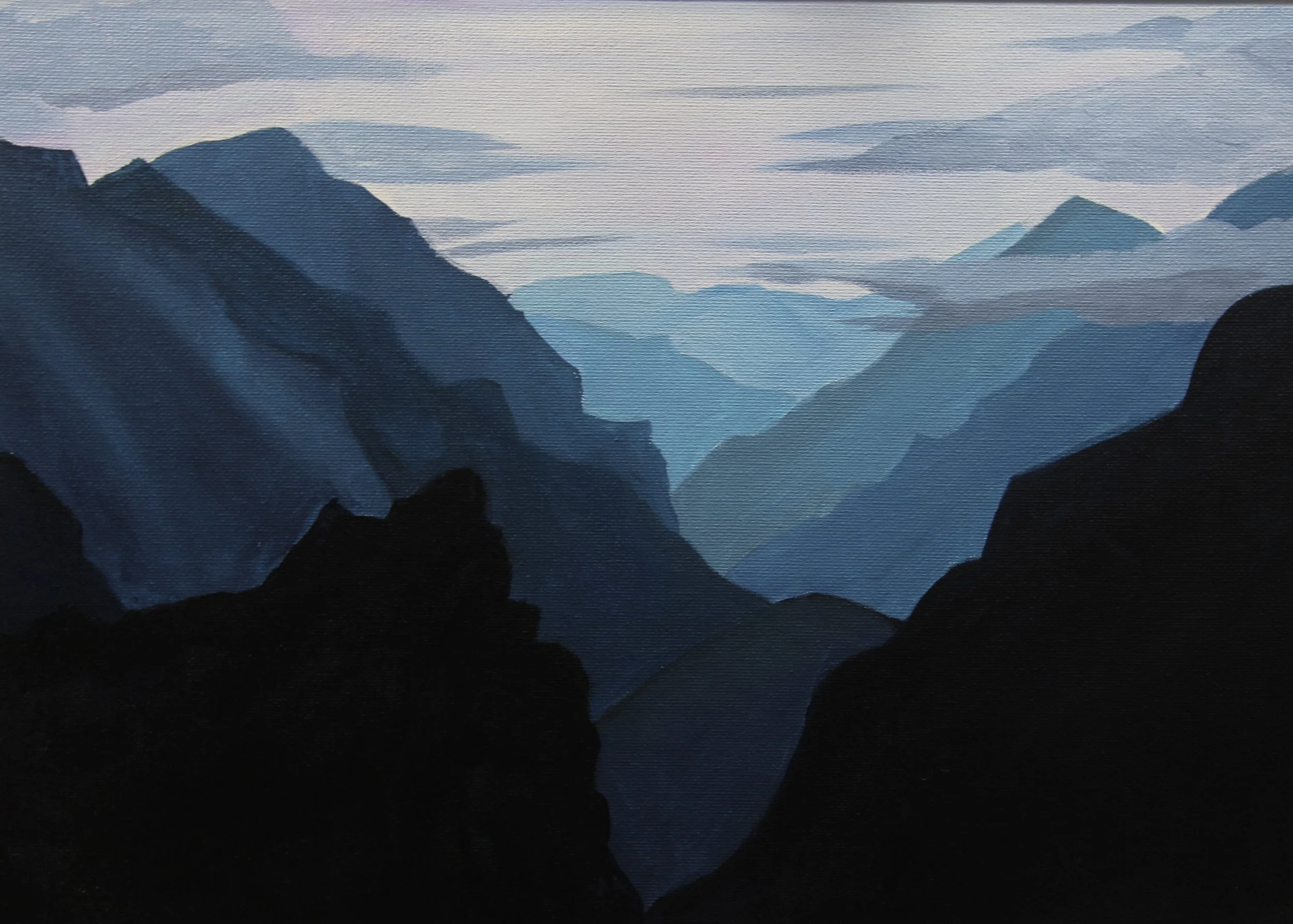 A digital painting of mountains with dark silhouettes in the foreground, misty blue peaks in the middle, and a cloudy sky above.