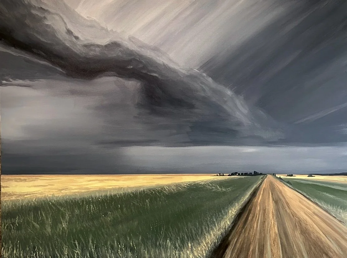 A painting of a rural landscape with a road running through fields of green and yellow crops under a dark, stormy sky.