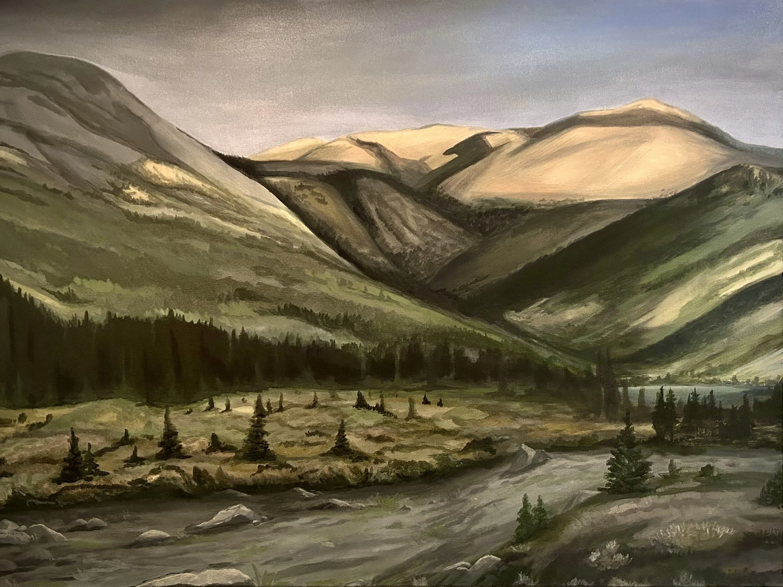 A scenic painting of rolling hills and mountains with a river flowing through the valley, trees in the foreground, and a partly cloudy sky painting in muted earth tones.
