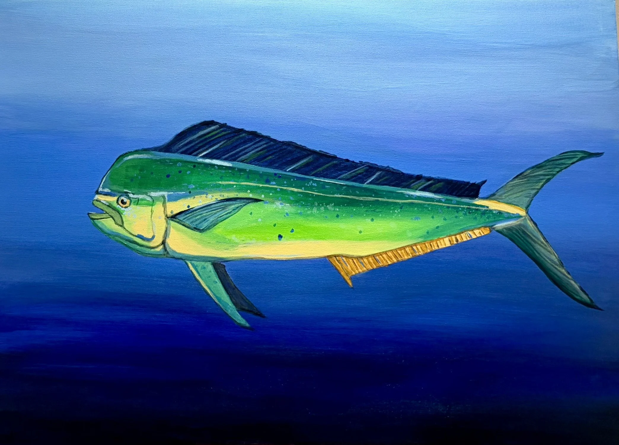 A colorful painting of a fish with green, yellow, and blue scales swimming in a blue ocean background.