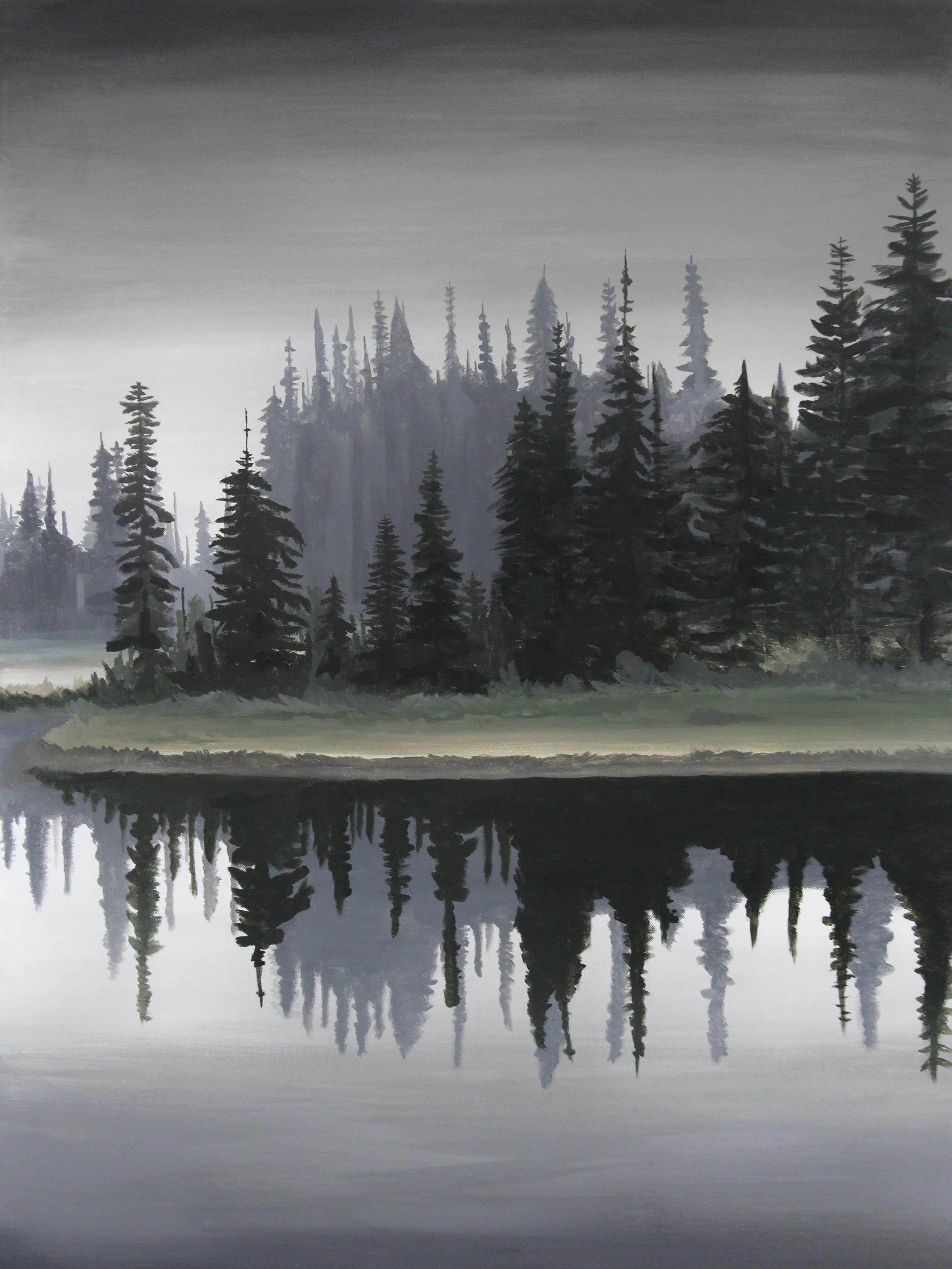 A grayscale painting of a forest of tall pine trees reflected in a body of water.