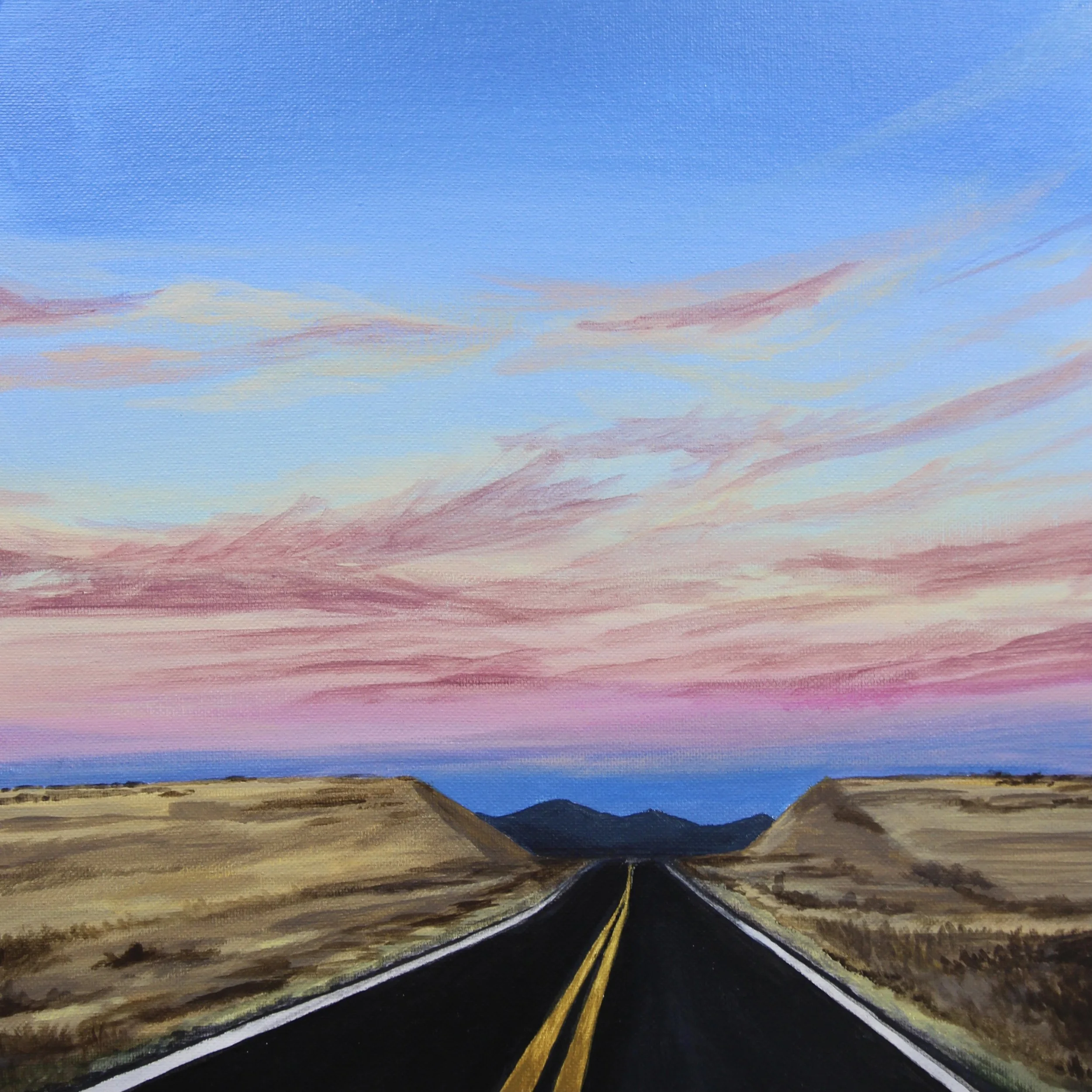 An oil painting of a road stretching into the horizon with a vibrant sunset sky in pink, purple, and blue hues.