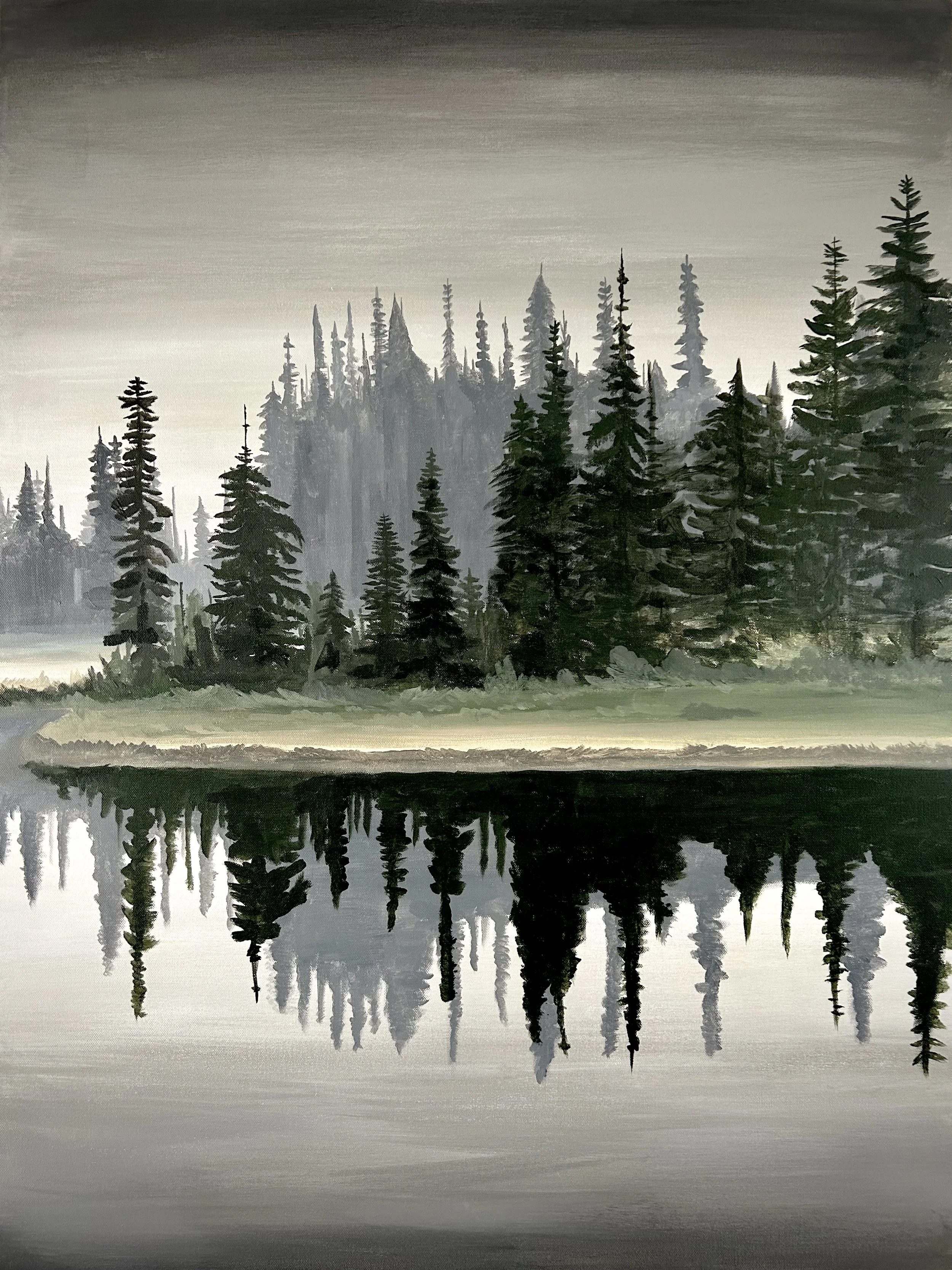 A painting of a forest of tall pine trees reflected in a calm lake, with a gray cloudy sky above.
