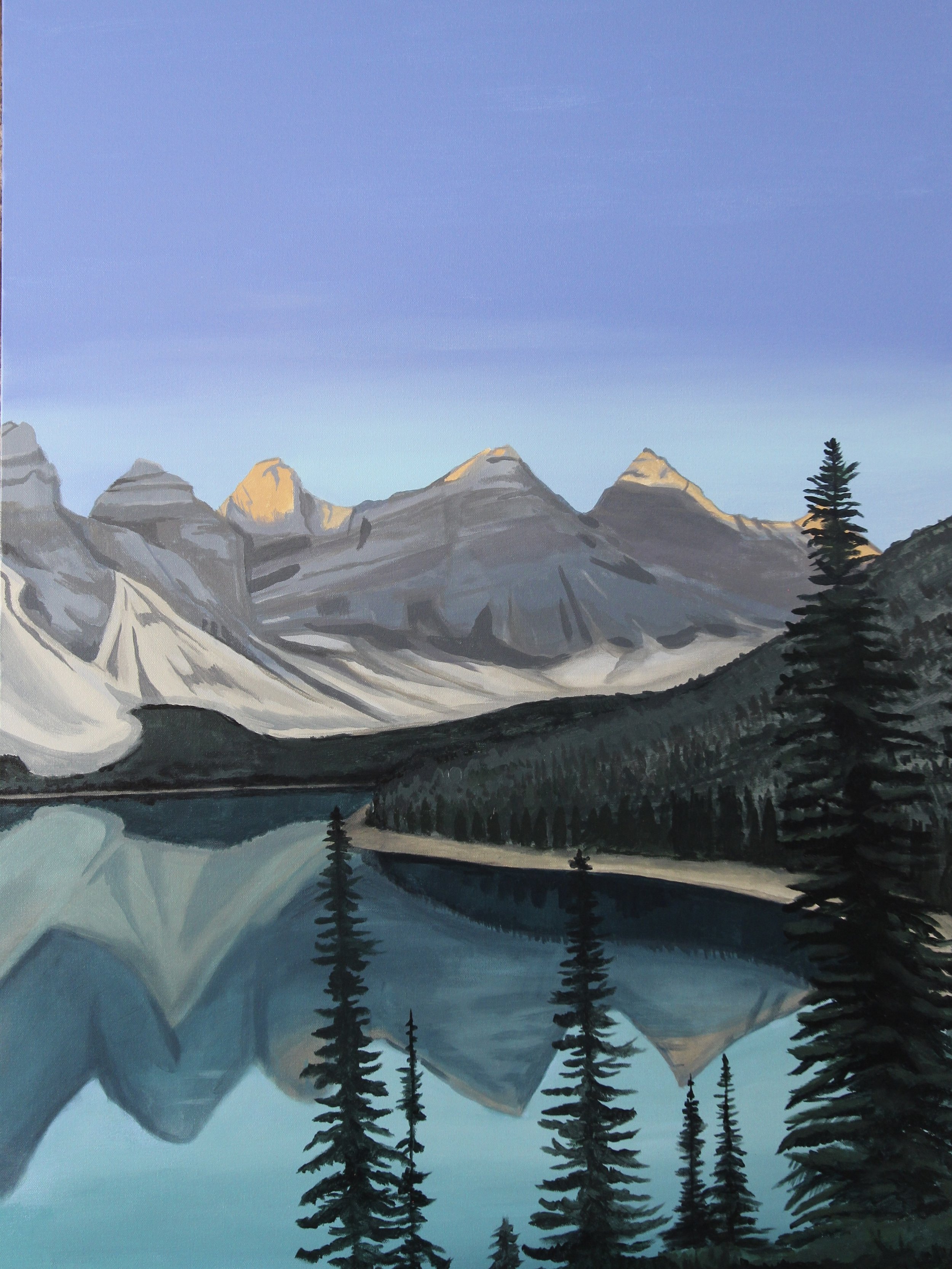 Painting of mountain landscape with snow-capped peaks, evergreen trees, and a blue sky.