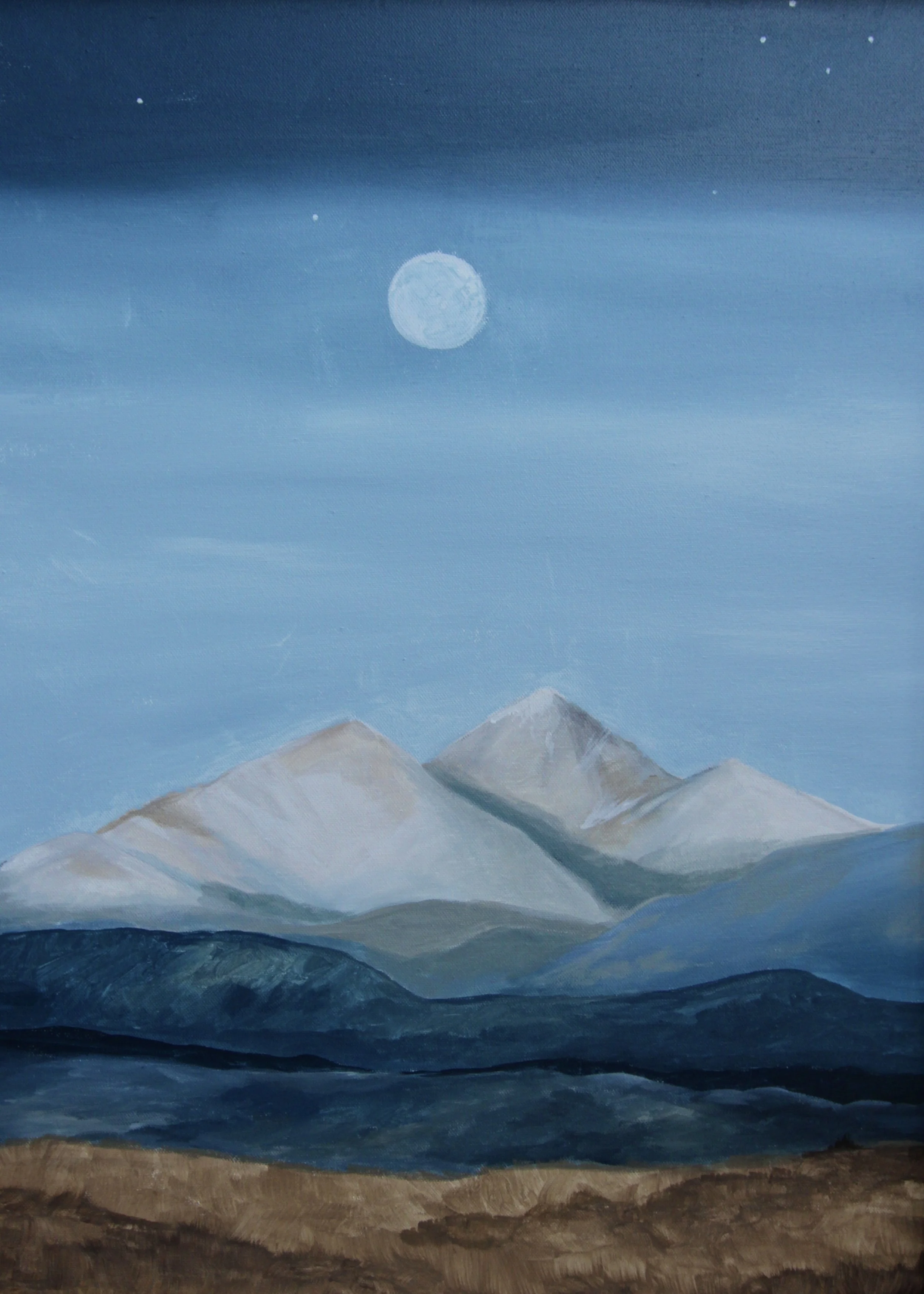 Painting of snow-capped mountains under a night sky with a full moon and stars.