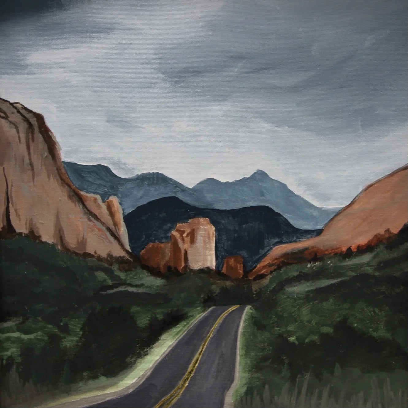 A painting of a mountain landscape with a winding road in the foreground, towering hills on either side, and distant blue mountains under a cloudy sky.