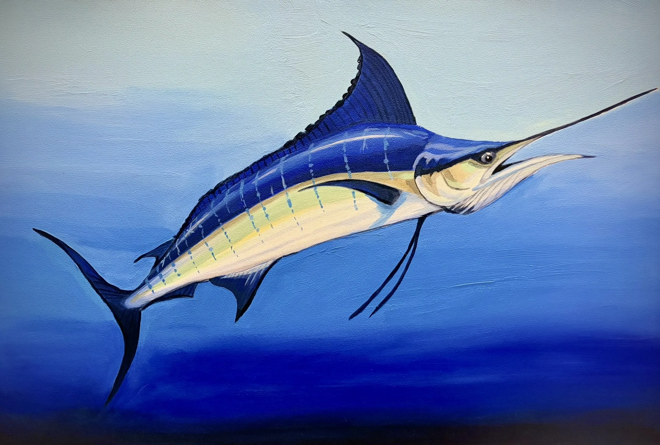 A painting of a marlin fish with a blue and yellow body, long sharp bill, and dorsal fin, set against a gradient blue background.