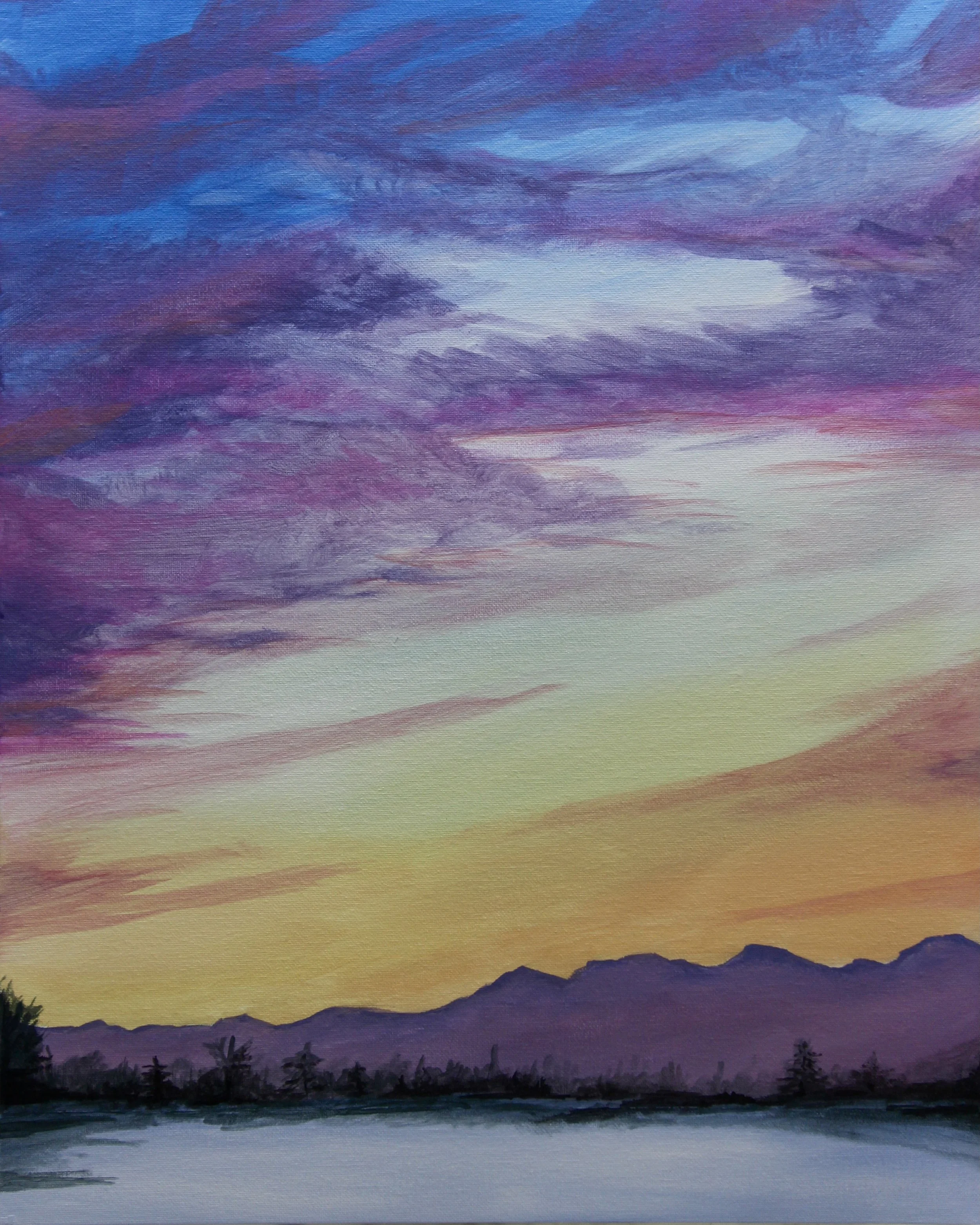 A colorful painting of a sunset over a mountain range with a body of water in the foreground, featuring vibrant hues of purple, pink, orange, and yellow.