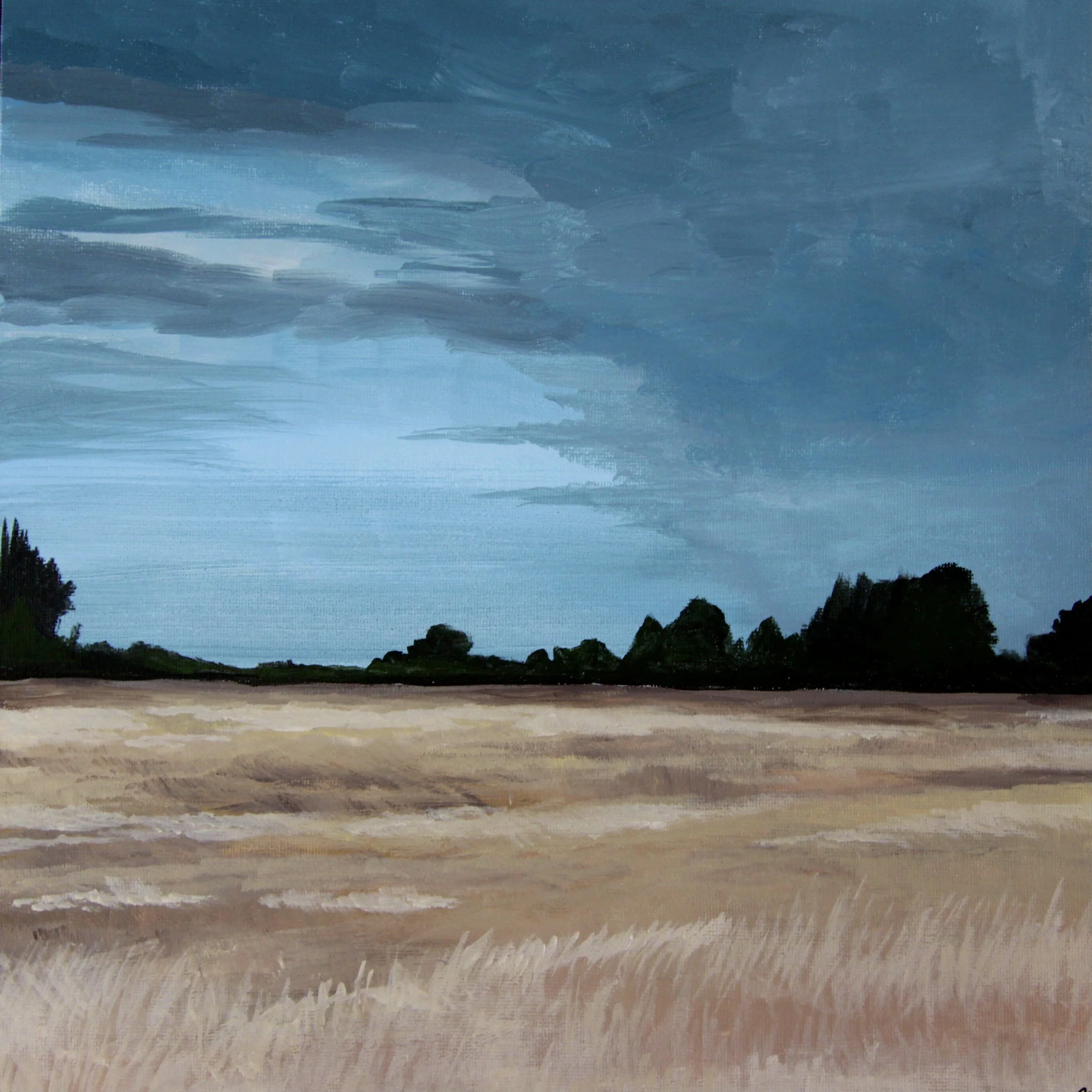 Landscape painting of a beach with sky, water, and sandy shore.