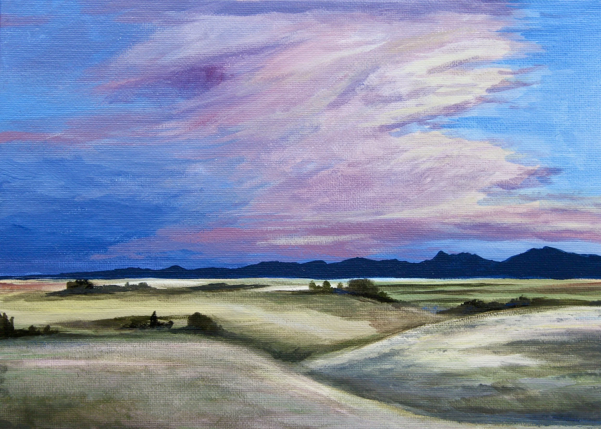 A landscape painting of a wide sky with soft pink, purple, and blue clouds over a green and dark hilly terrain.
