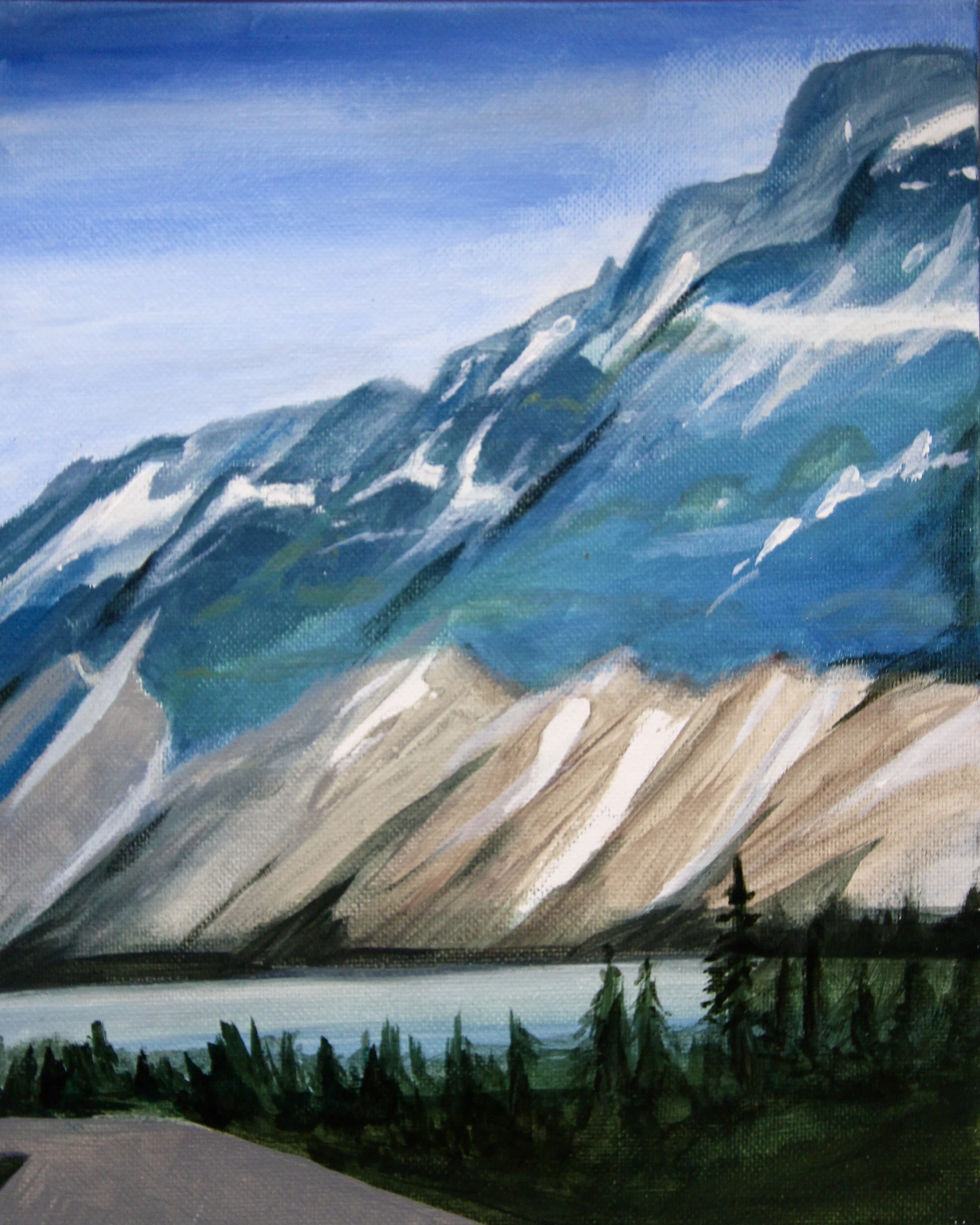 Painting of a mountain landscape with snow-capped peaks, a blue sky with clouds, and green trees below.