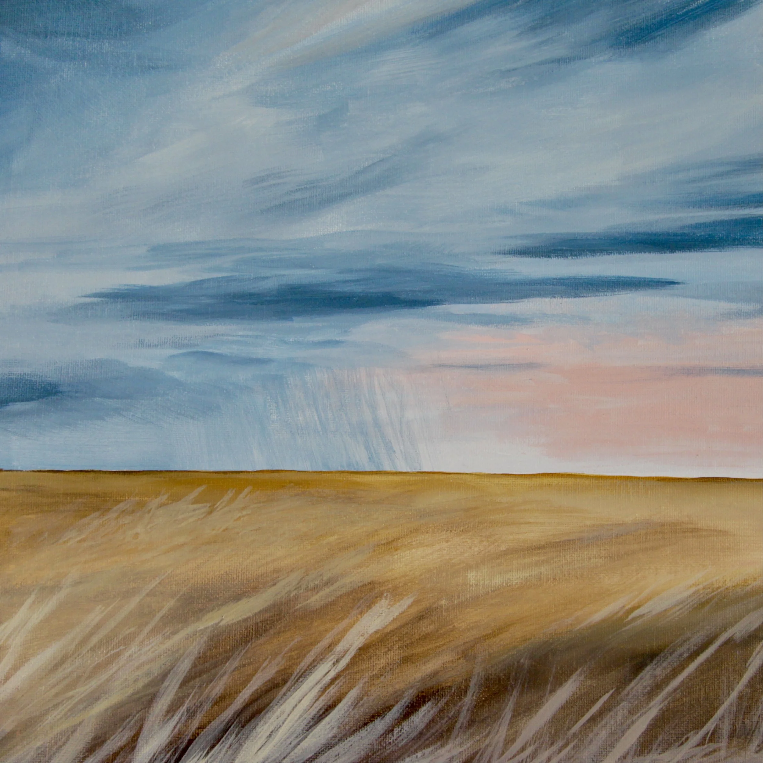 Close-up of a painting with horizontal abstract brushstrokes in shades of blue, beige, and brown.