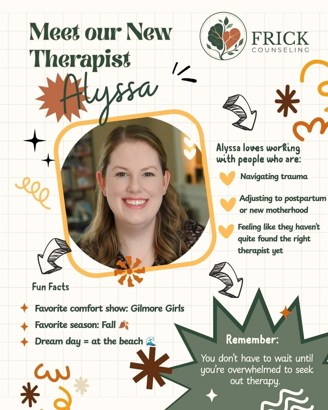 Meet Alyssa!! Our new therapists at Frick Counseling &amp; she&rsquo;s someone who truly values creating a space where you can feel comfortable just being yourself.

➡️ Alyssa is now accepting new clients. 🎉

Alyssa brings a grounded, easygoing ener
