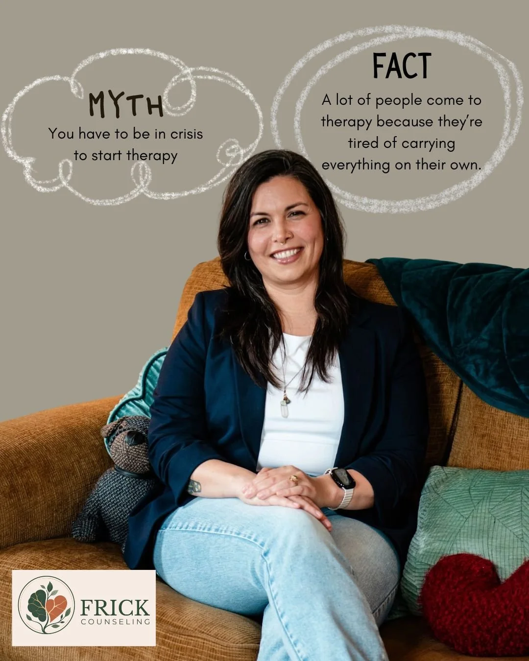 Myth: You have to be in crisis to start therapy

Truth: A lot of people come to therapy because they&rsquo;re tired of carrying everything on their own.

You don&rsquo;t need a breaking point.

You can start because you want things to feel different.