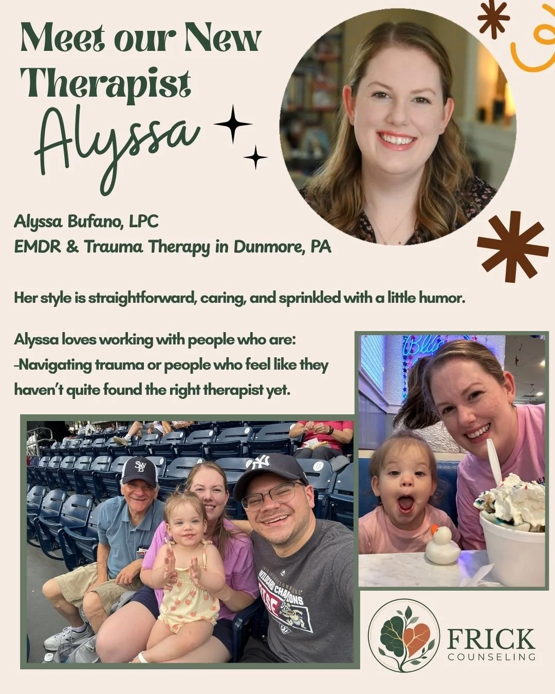 Meet Alyssa 💛

Alyssa is a Licensed Professional Counselor at Frick Counseling who offers counseling and EMDR therapy for children, teens, and adults&mdash;both in person in Dunmore and virtually across Pennsylvania.

With over 11 years of experienc