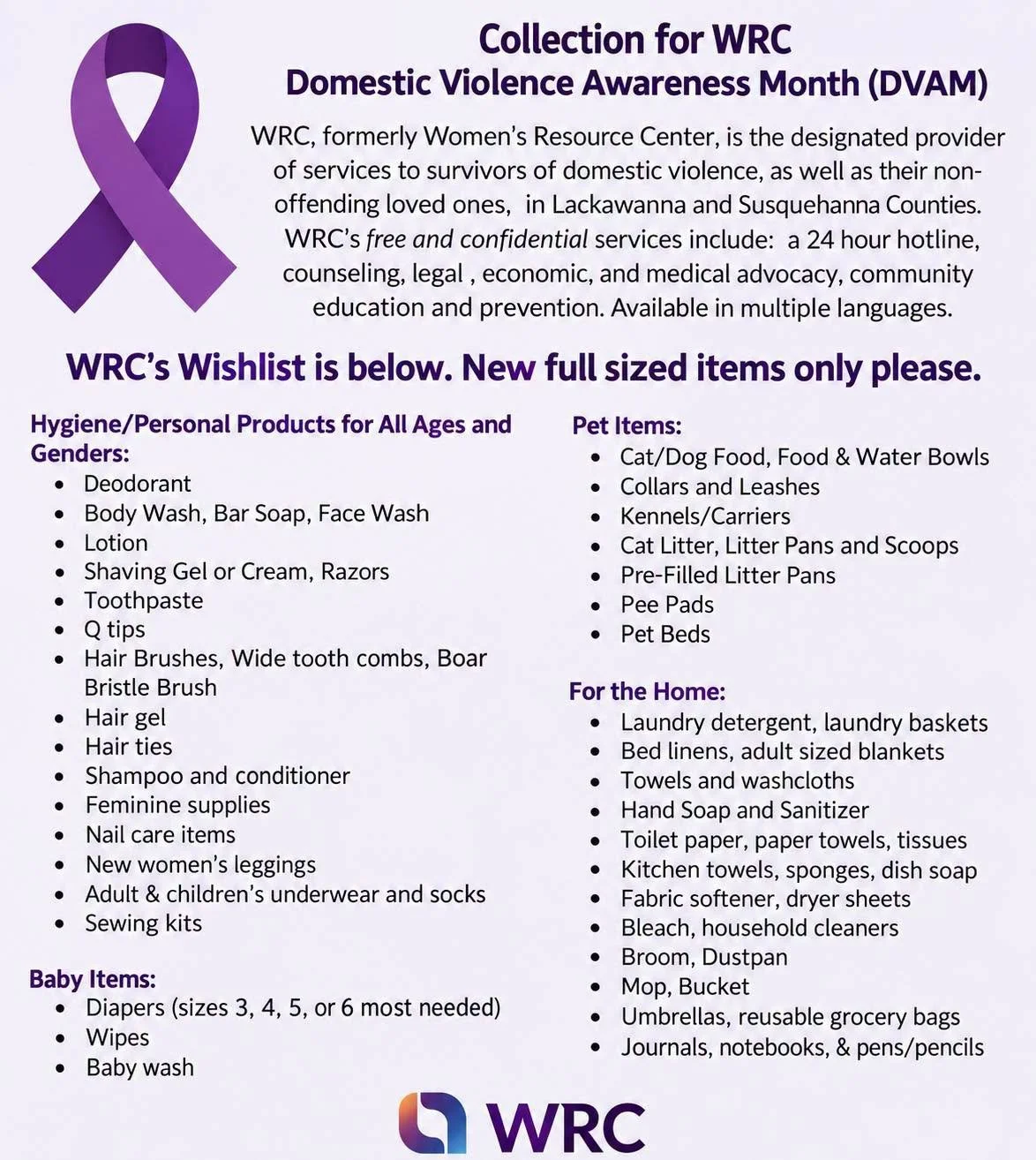 💜 Help Us Fill the Hamper for the Women&rsquo;s Resource Center!

In recognition of Domestic Violence Awareness Month, the businesses at 629 E. Drinker Street in Dunmore are coming together to collect donations for the Women&rsquo;s Resource Center 