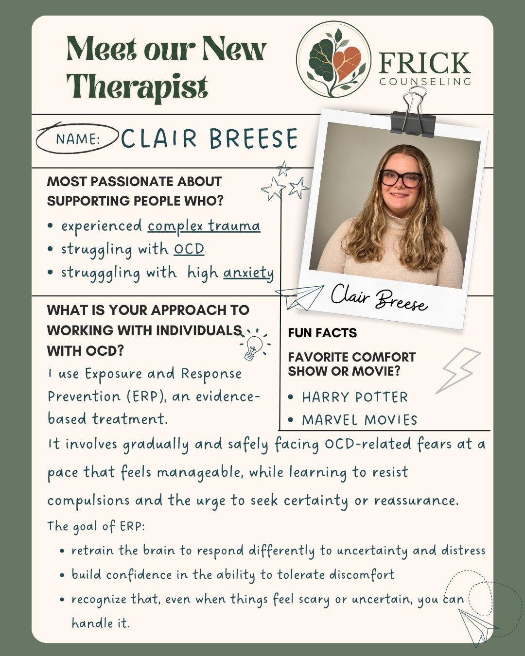 Meet Clair Breese, LSW!

Clair brings nearly 10 years of therapeutic experience to her work with adults navigating complex trauma, anxiety, and patterns that no longer serve them. 

Her approach centers on safety, trust, and genuine connection, integ