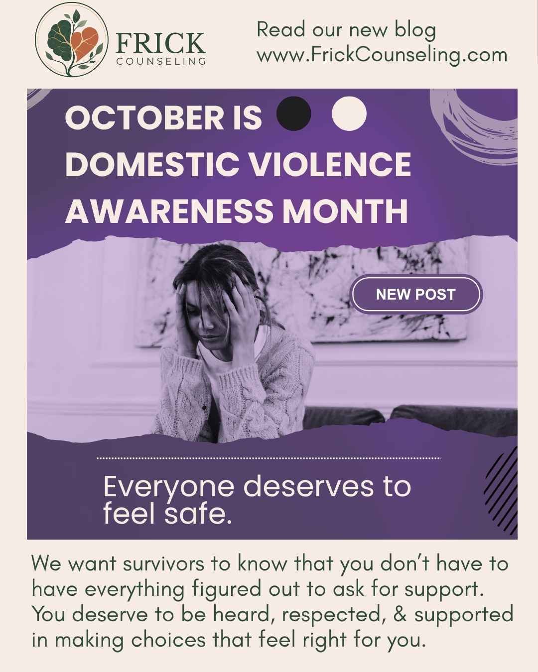 💜 October is Domestic Violence Awareness Month.

Domestic violence is about more than physical abuse. Emotional abuse, threats, isolation, and controlling behavior can have lasting effects on a person&rsquo;s confidence, relationships, and sense of 