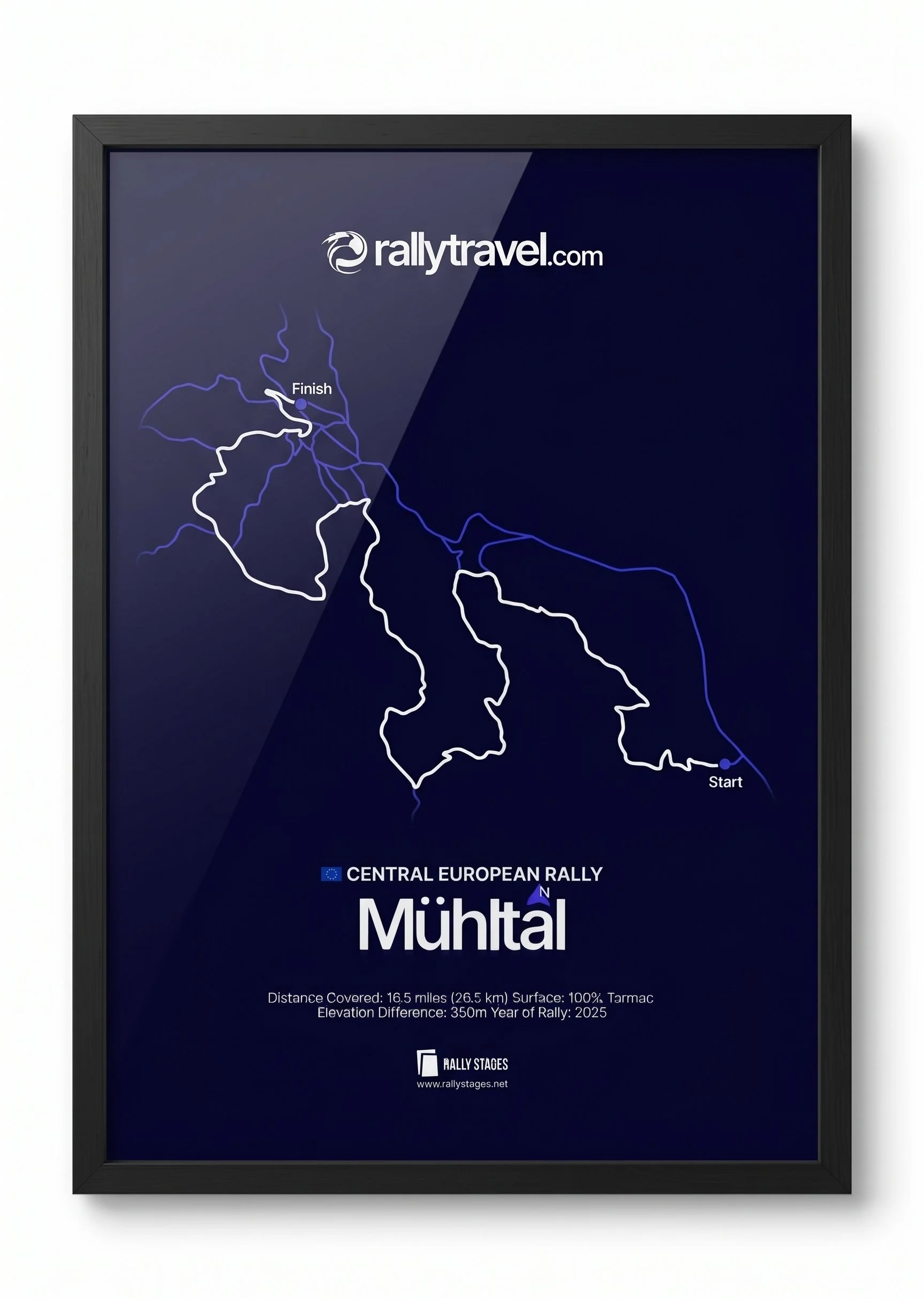 Poster for the Central European Rally in Mühltal. Map showing rally route from start to finish, covering 16.5 miles on tarmac with 350 meters elevation change, dated 2025.