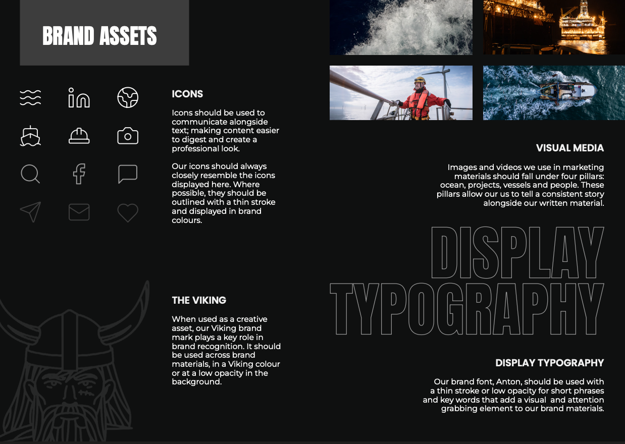 A digital business presentation slide showcasing brand assets, including icons for ocean, projects, vessels, people, and social media. The slide emphasizes the use of icons, visual media, Viking branding, and display typography with specifications for each. The background contains images of ocean waves, a person in safety gear on a vessel, and an illuminated offshore oil platform at night.