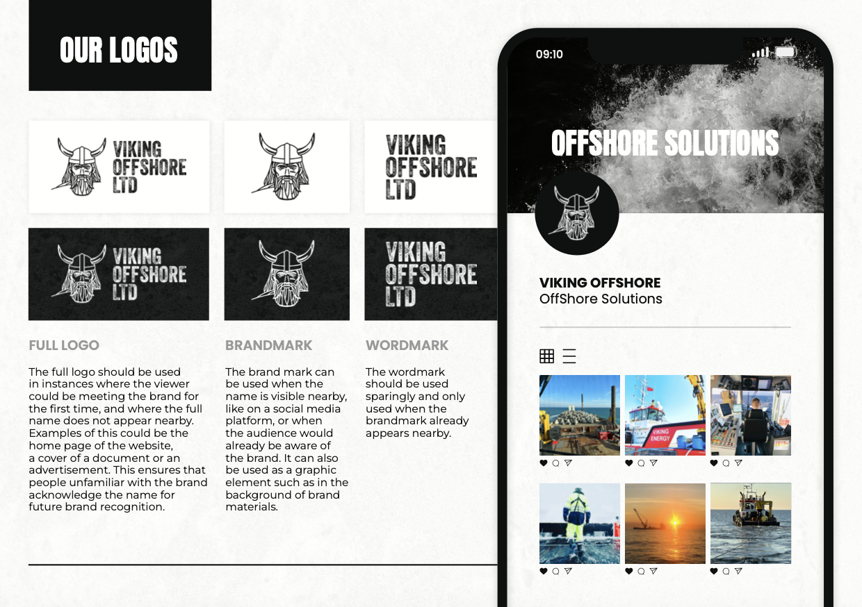 A presentation slide showcasing logos of Viking Offshore Ltd in three different styles and a mobile phone display with the Viking Offshore logo, the text "Offshore Solutions," and a grid of six images related to offshore work and maritime activities.