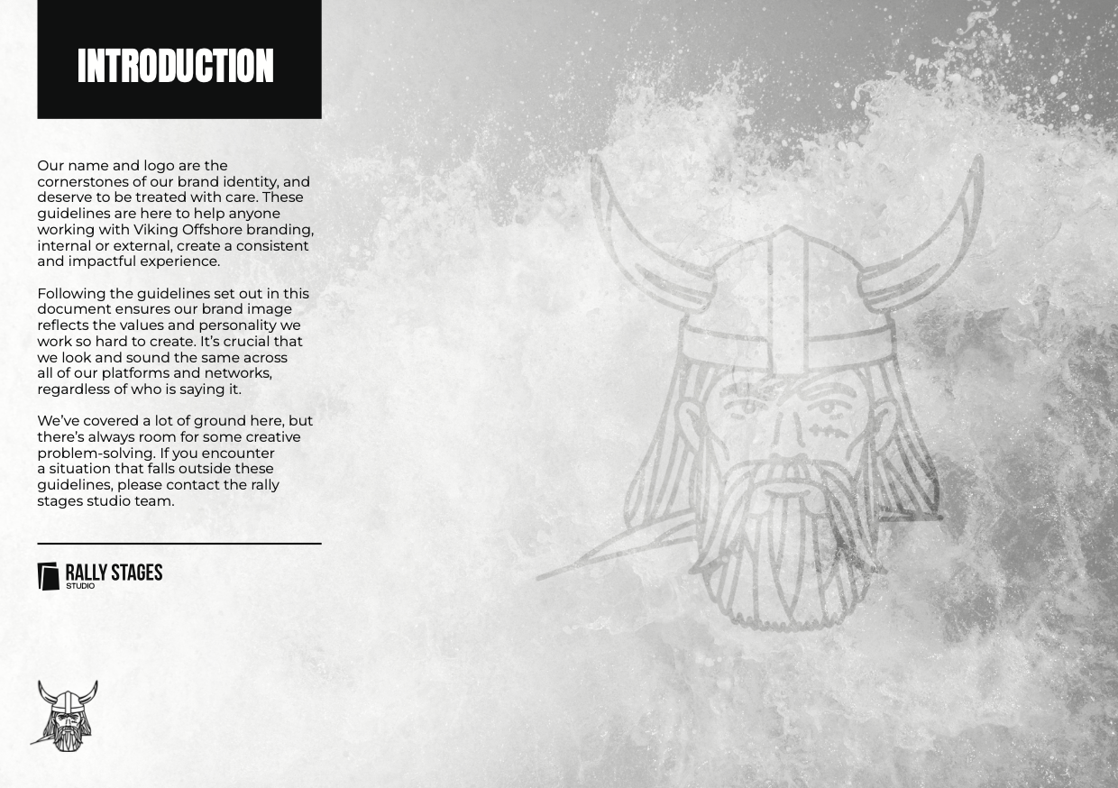 Page titled 'Introduction' with Viking helmet logo, followed by text about Viking Offshore branding guidelines. Contains a faint line drawing of a Viking's face with a horned helmet on the right side.