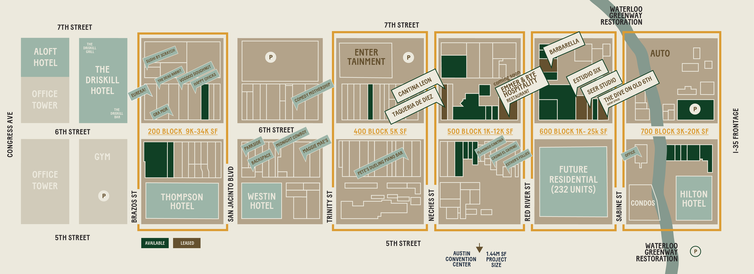 Map of a development site showing streets, hotels, leasing areas, and planned buildings with labels for various businesses and features.