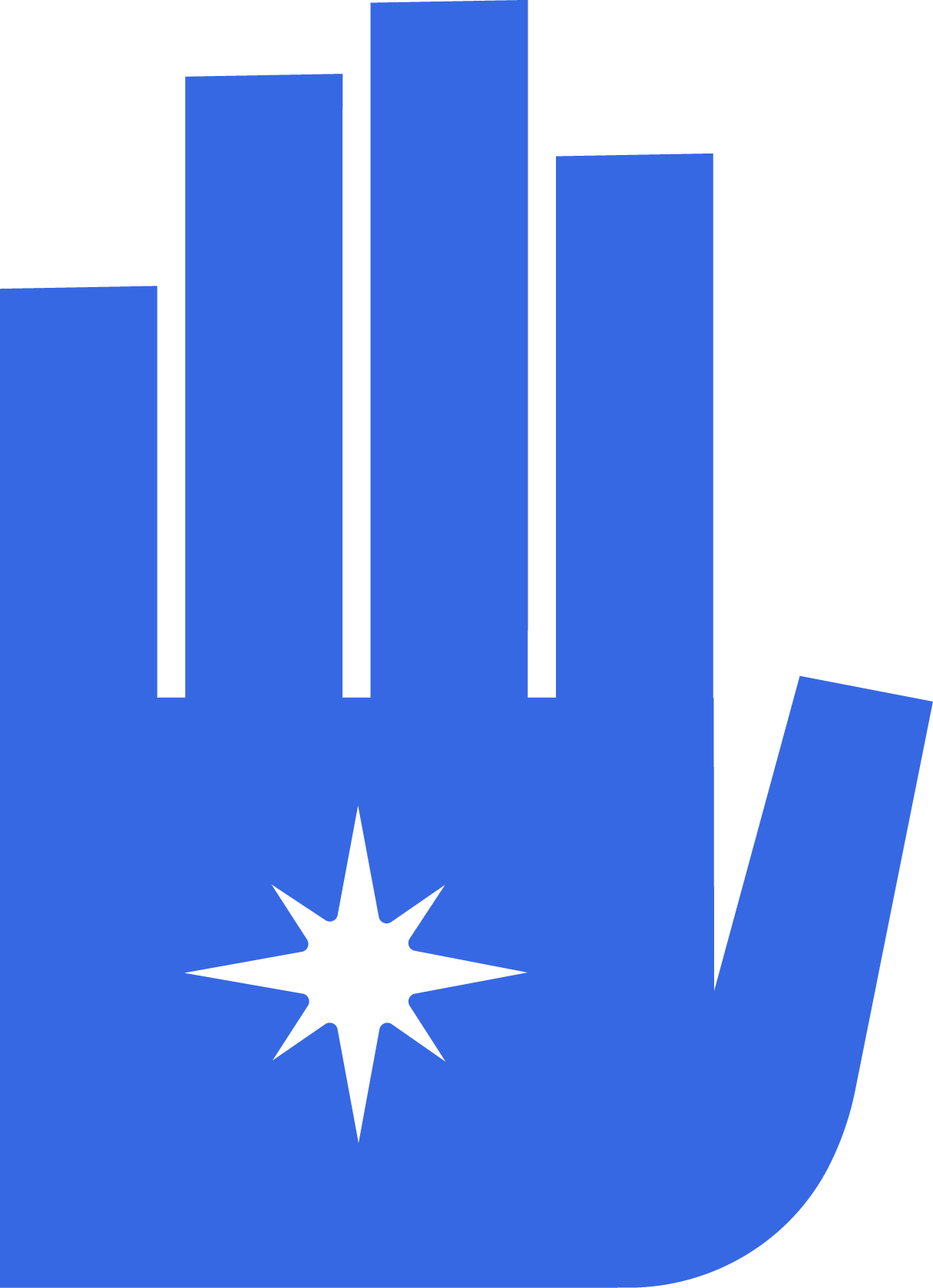 Design of a thumbs-up hand gesture with a starburst symbol on the palm, colored in shades of blue.