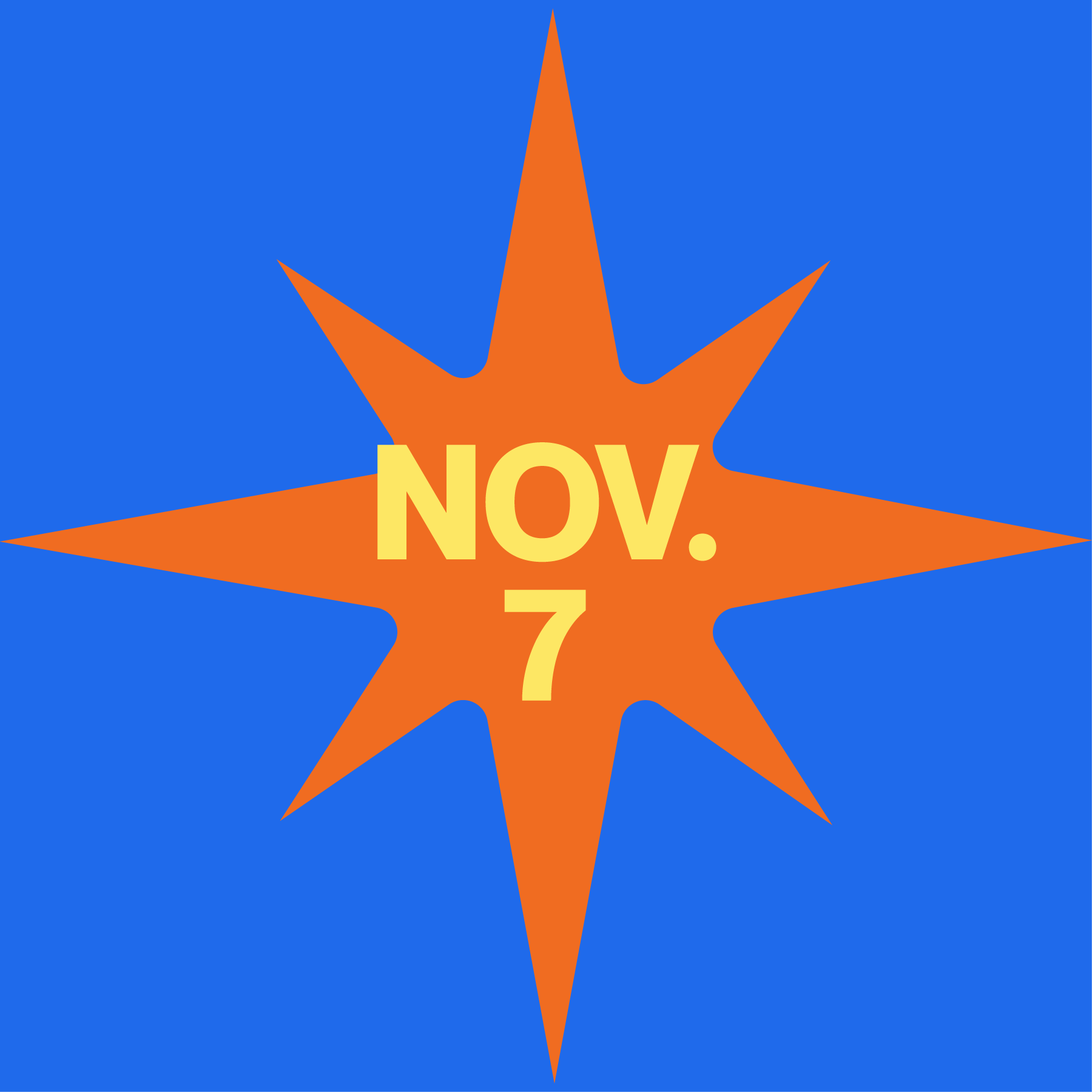 An orange starburst shape with the word "NOV." in yellow letters in the center, set against a blue background.