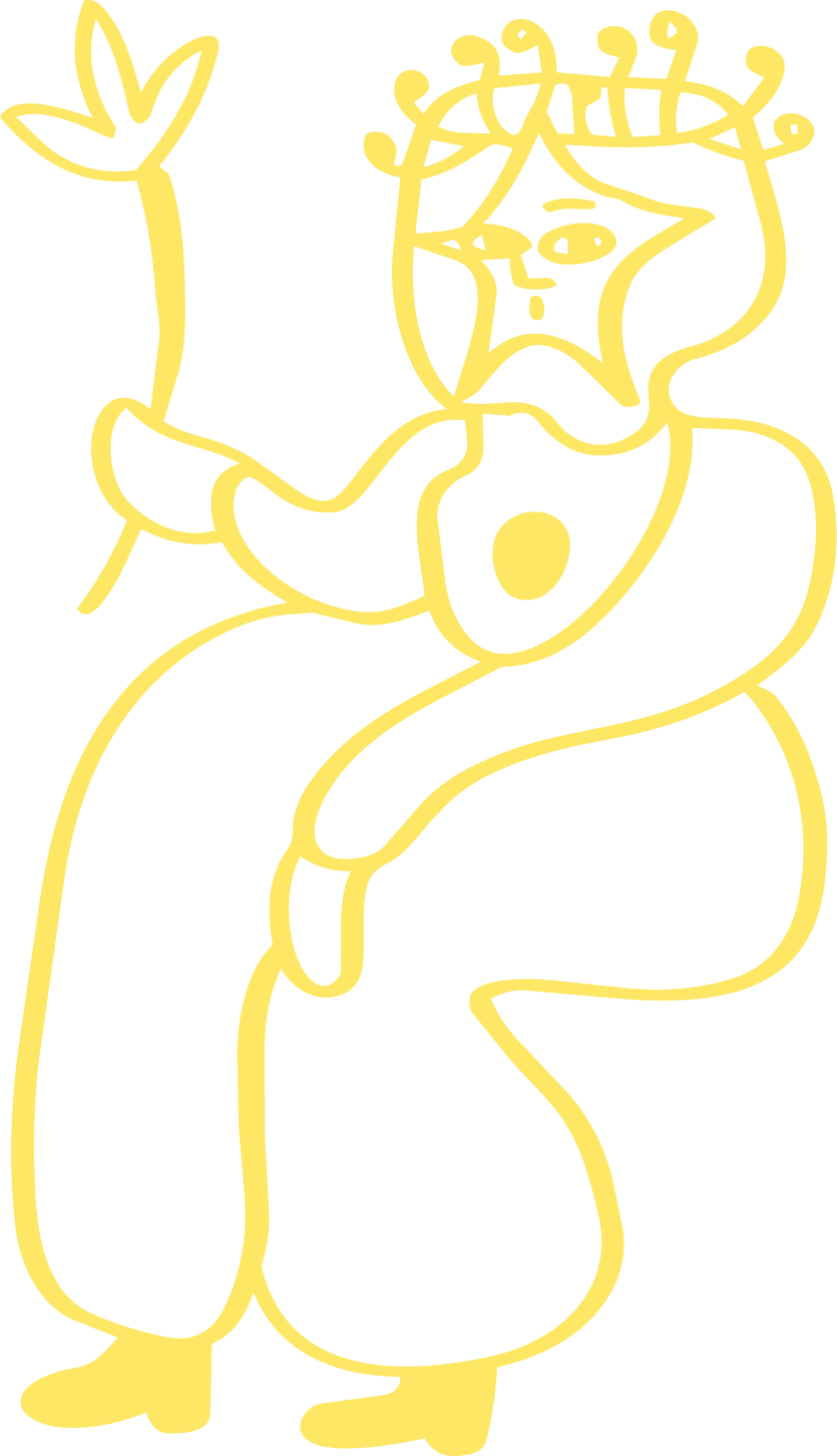 A line drawing of a woman with curly hair holding a star in one hand, with a whimsical style and a yellow outline on a black background.